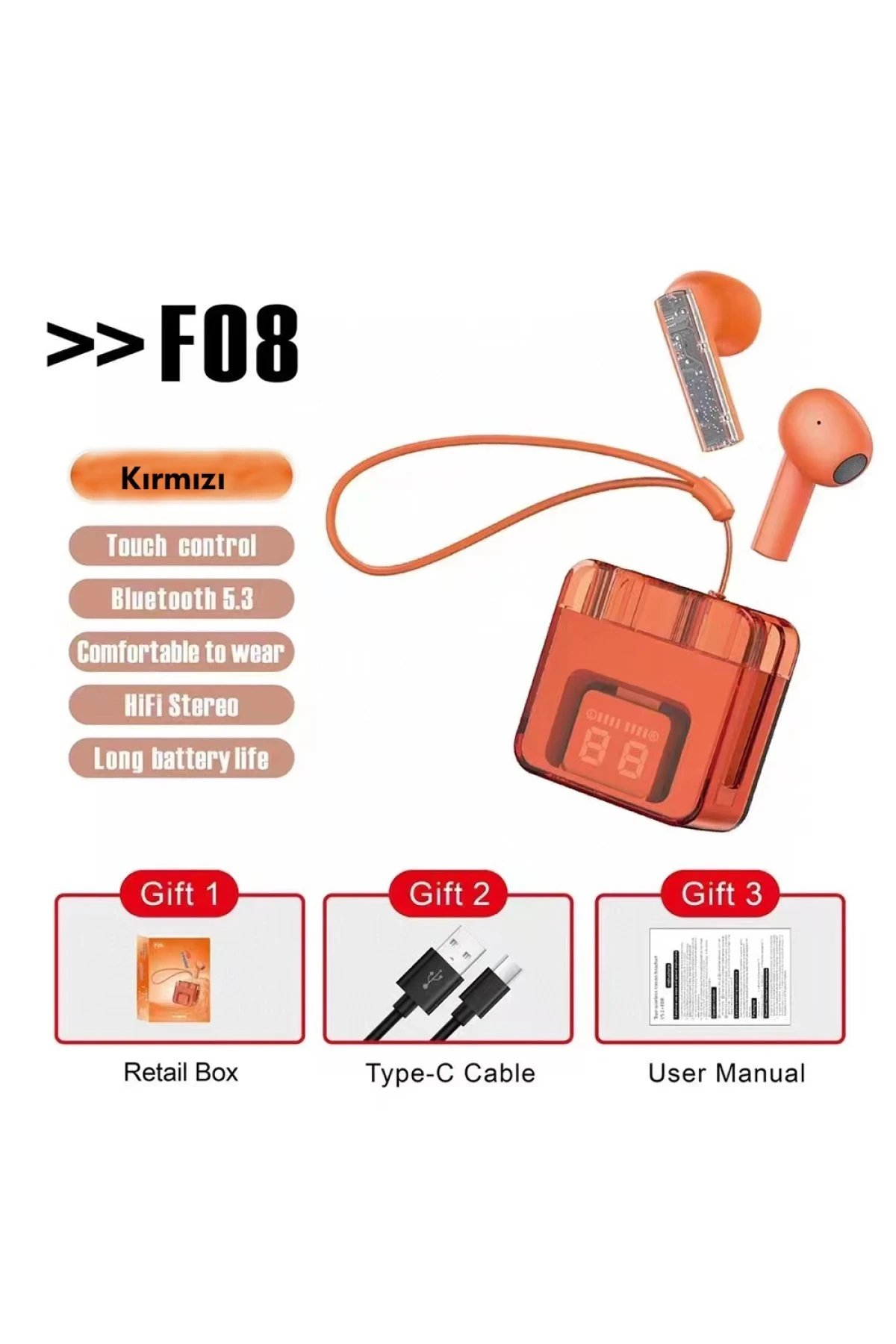 F08 Dijital Şarj Göstergeli TWS Bluetooth Kulaklık - Kırmızı-(5796)