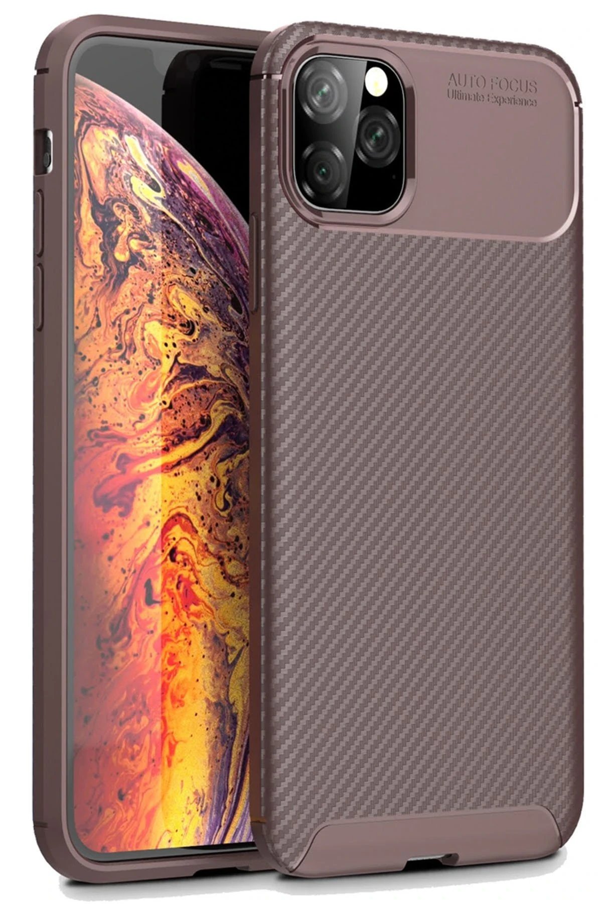 iPhone 11 Pro Kılıf Auto Focus Karbon Kapak - Kahverengi-(5796)