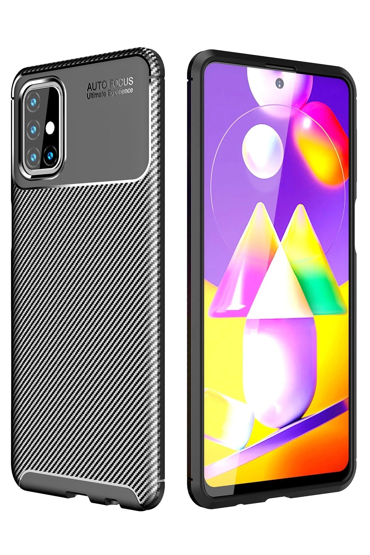 Samsung Galaxy M31S Kılıf Auto Focus Karbon Kapak - Siyah-(5796)