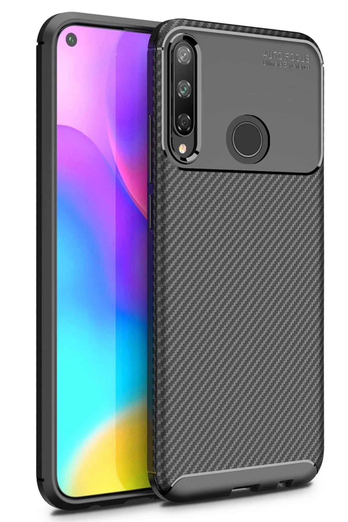 Huawei P40 Lite E Kılıf Auto Focus Karbon Kapak - Siyah-(5796)