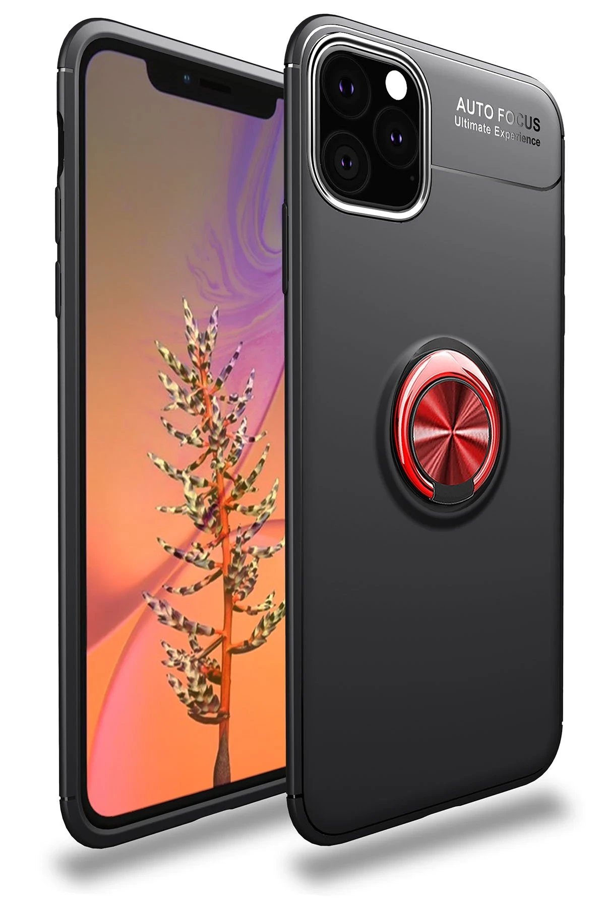 iPhone 11 Pro Kılıf Range Yüzüklü Silikon - Siyah-Kırmızı-(5796)