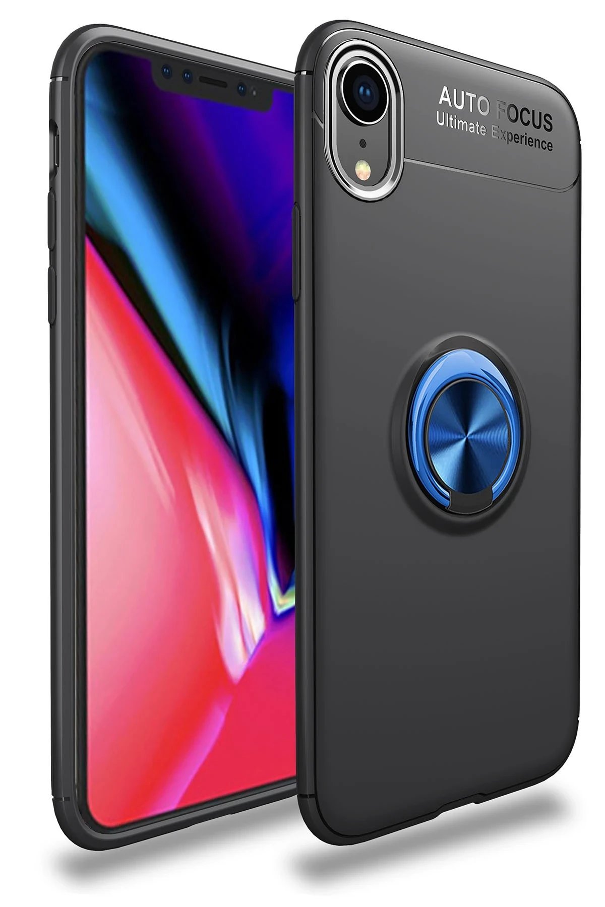 iPhone XR Kılıf Range Yüzüklü Silikon - Siyah-Mavi-(5796)
