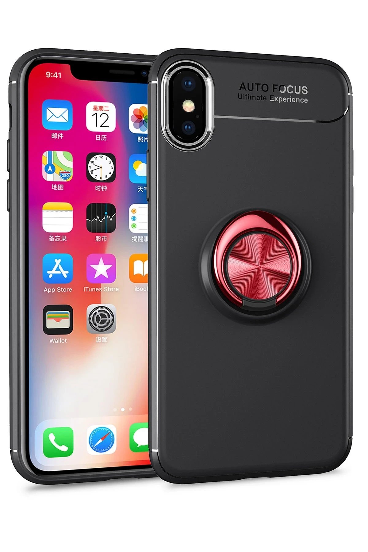 iPhone XS Kılıf Range Yüzüklü Silikon - Siyah-Kırmızı-(5796)