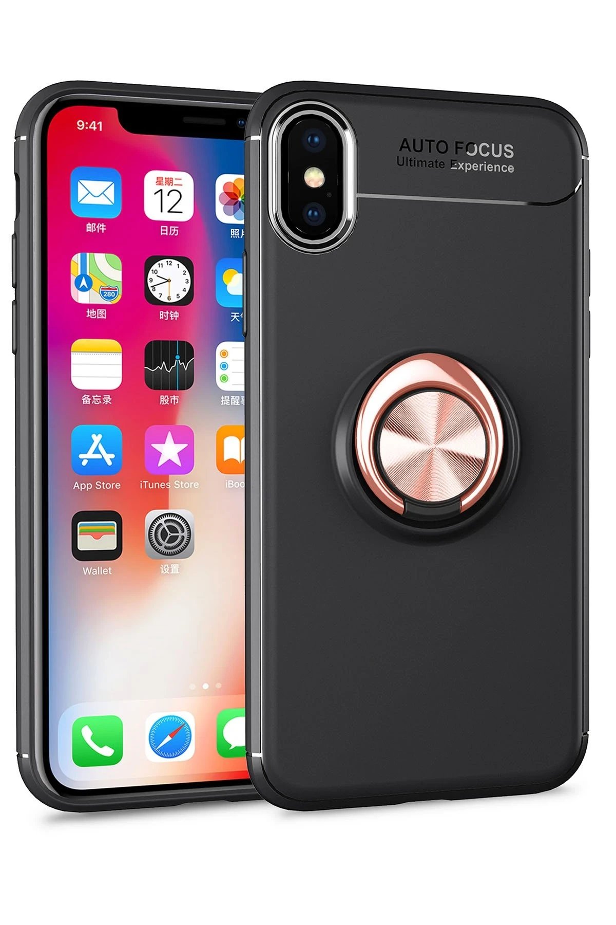 iPhone XS Kılıf Range Yüzüklü Silikon - Siyah-Gold-(5796)