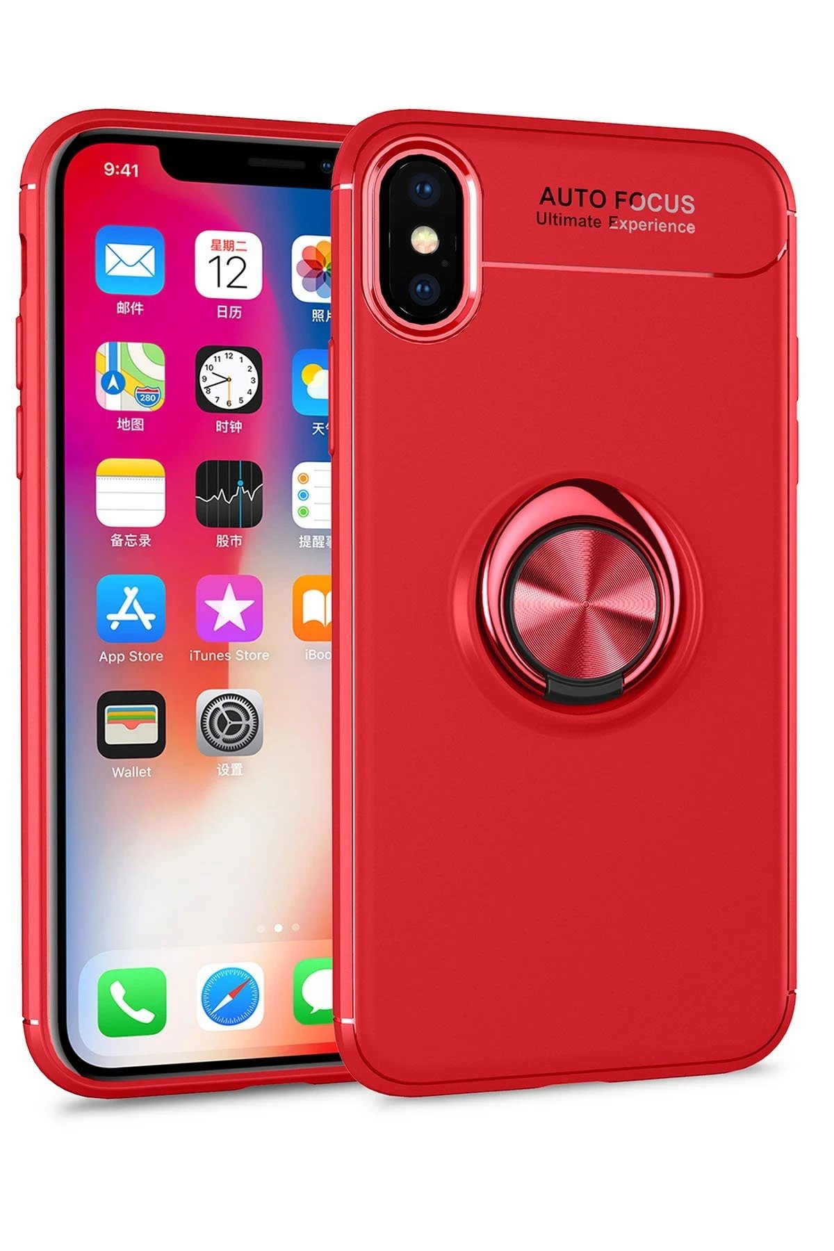 iPhone XS Kılıf Range Yüzüklü Silikon - Kırmızı-(5796)