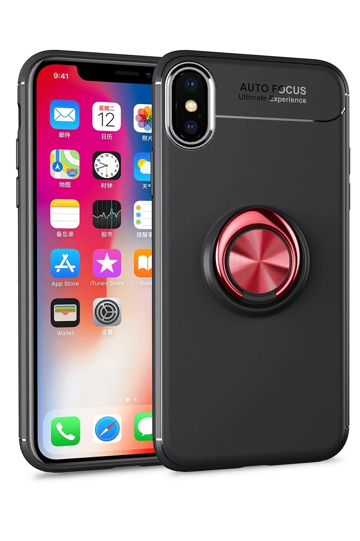 iPhone XS Max Kılıf Range Yüzüklü Silikon - Siyah-Kırmızı-(5796)