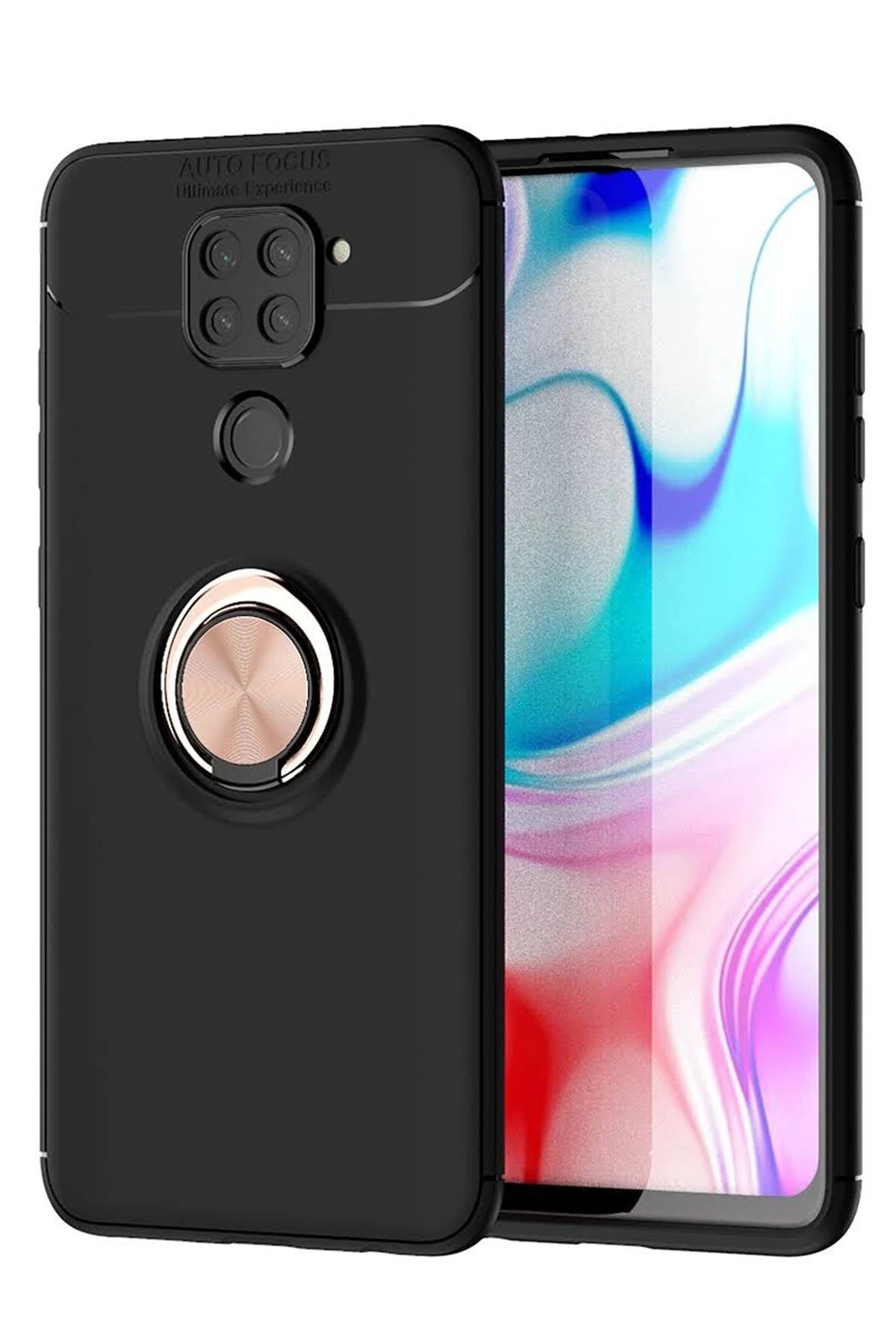 Xiaomi Redmi Note 9 Kılıf Range Yüzüklü Silikon - Siyah-Gold-(5796)
