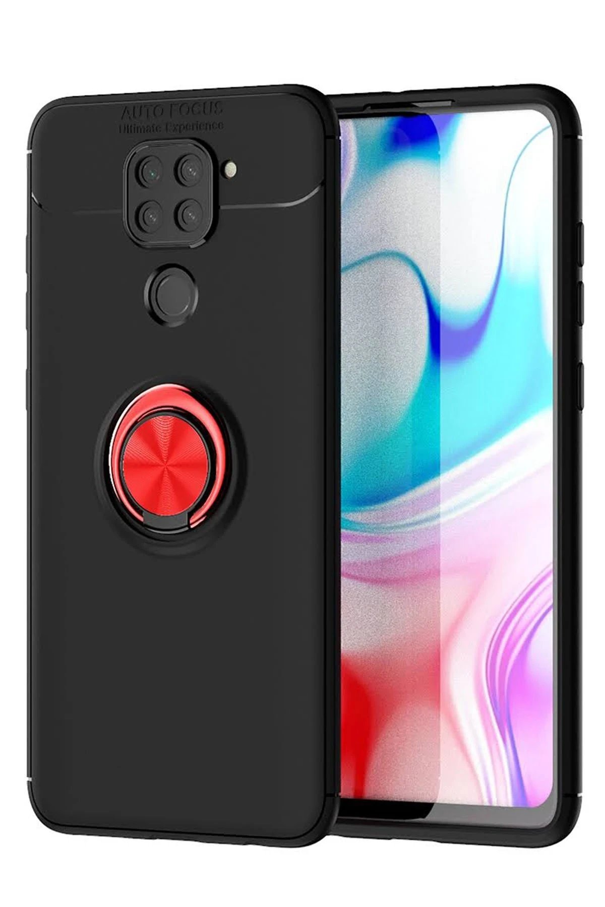 Xiaomi Redmi Note 9 Kılıf Range Yüzüklü Silikon - Siyah-Kırmızı-(5796)