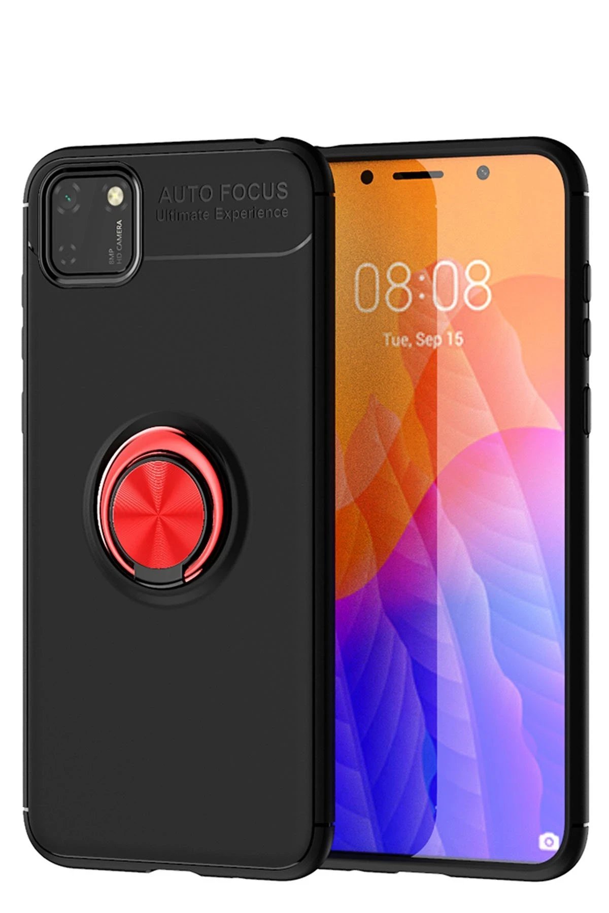 Huawei Y5P Kılıf Range Yüzüklü Silikon - Siyah-Kırmızı-(5796)