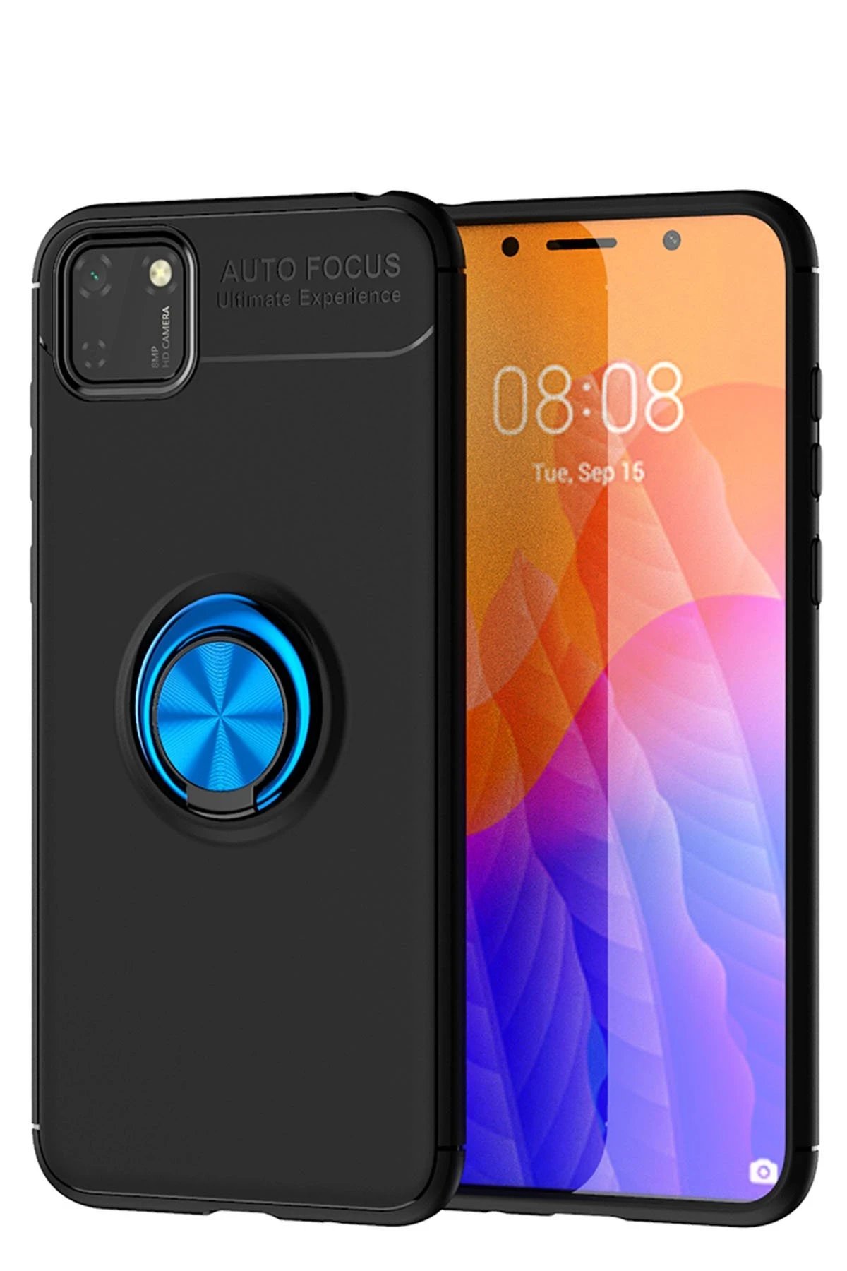 Huawei Y5P Kılıf Range Yüzüklü Silikon - Siyah-Mavi-(5796)