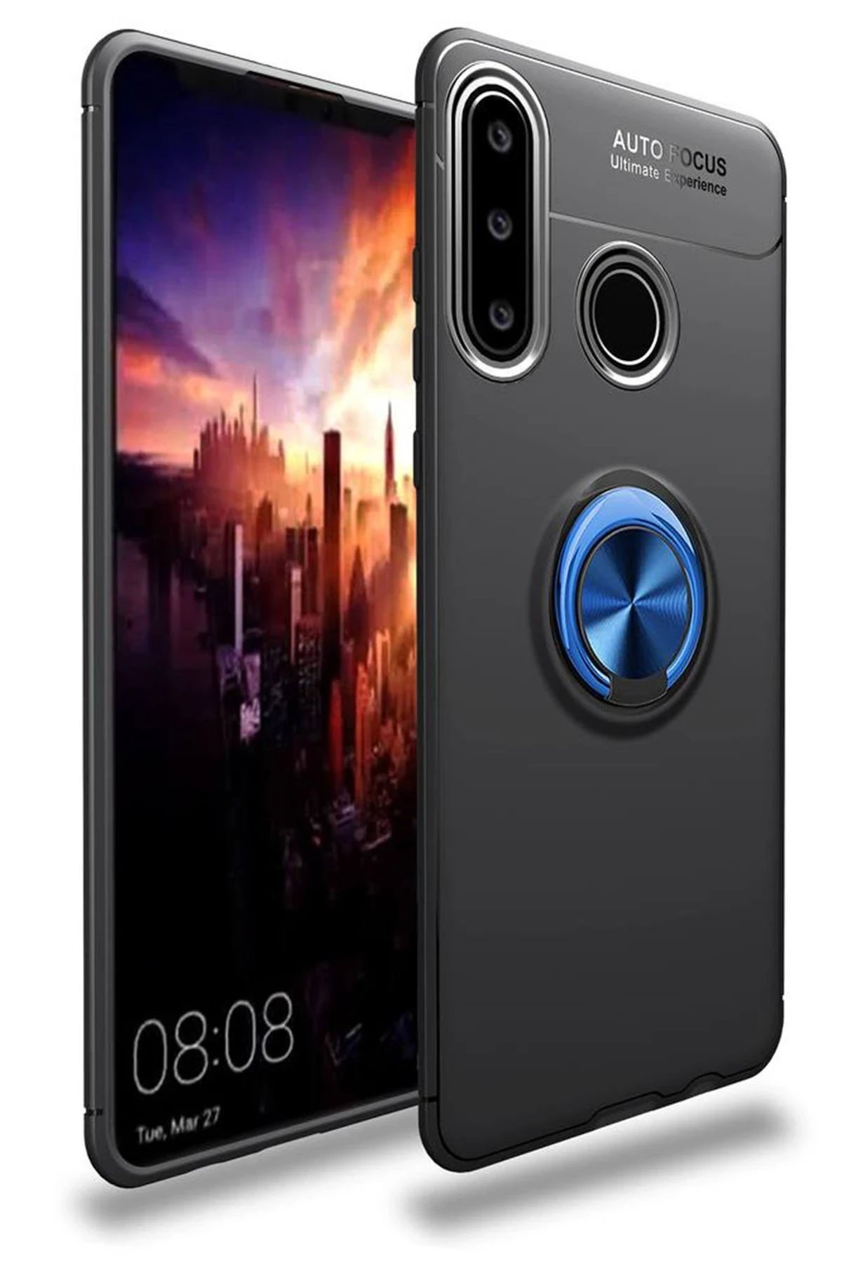 Huawei Y6P Kılıf Range Yüzüklü Silikon - Siyah-Mavi-(5796)