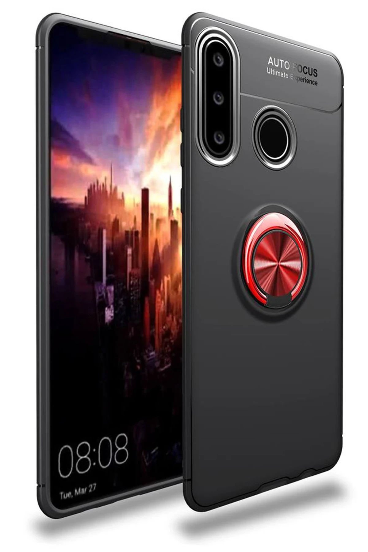 Huawei Y6P Kılıf Range Yüzüklü Silikon - Siyah-Kırmızı-(5796)
