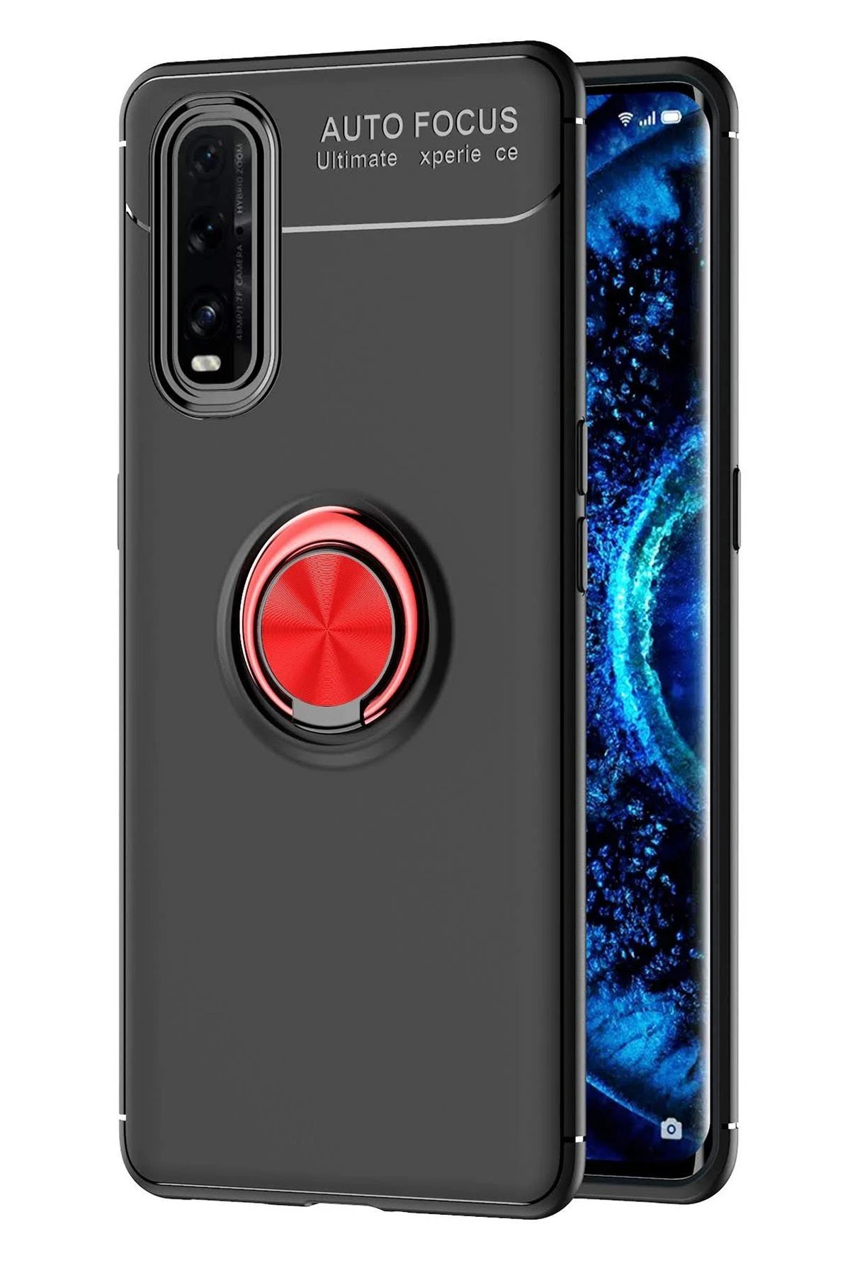 Oppo Find X2 Kılıf Range Yüzüklü Silikon - Siyah-Kırmızı-(5796)
