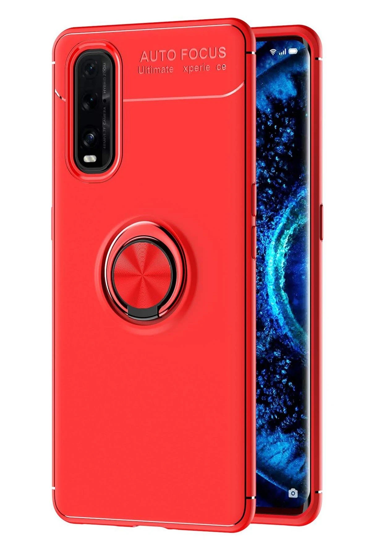 Oppo Find X2 Kılıf Range Yüzüklü Silikon - Kırmızı-(5796)