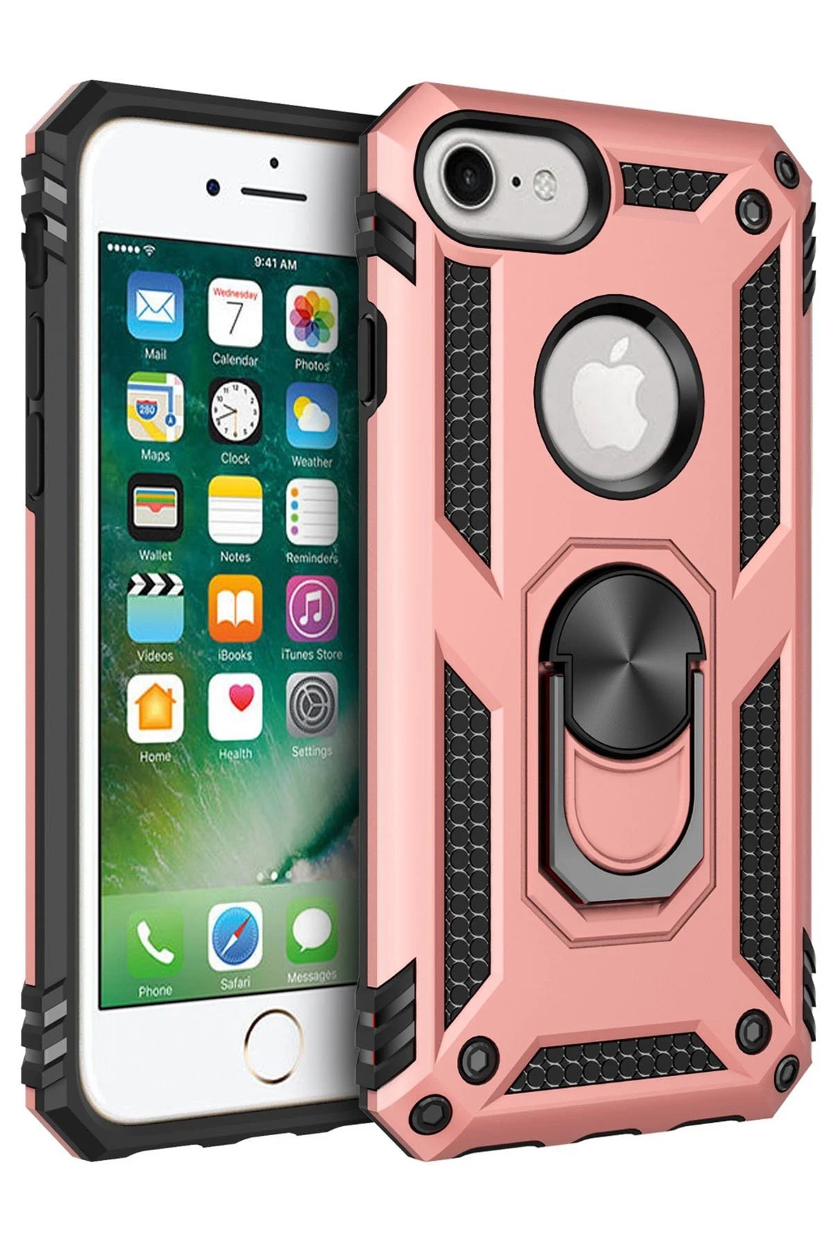 iPhone 7 Kılıf Sofya Yüzüklü Silikon Kapak - Rose-(5796)