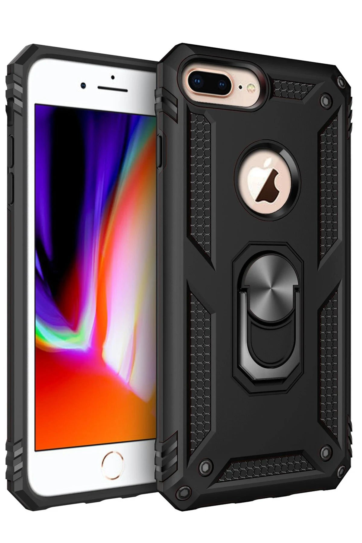 iPhone 7 Plus Kılıf Sofya Yüzüklü Silikon Kapak - Siyah-(5796)