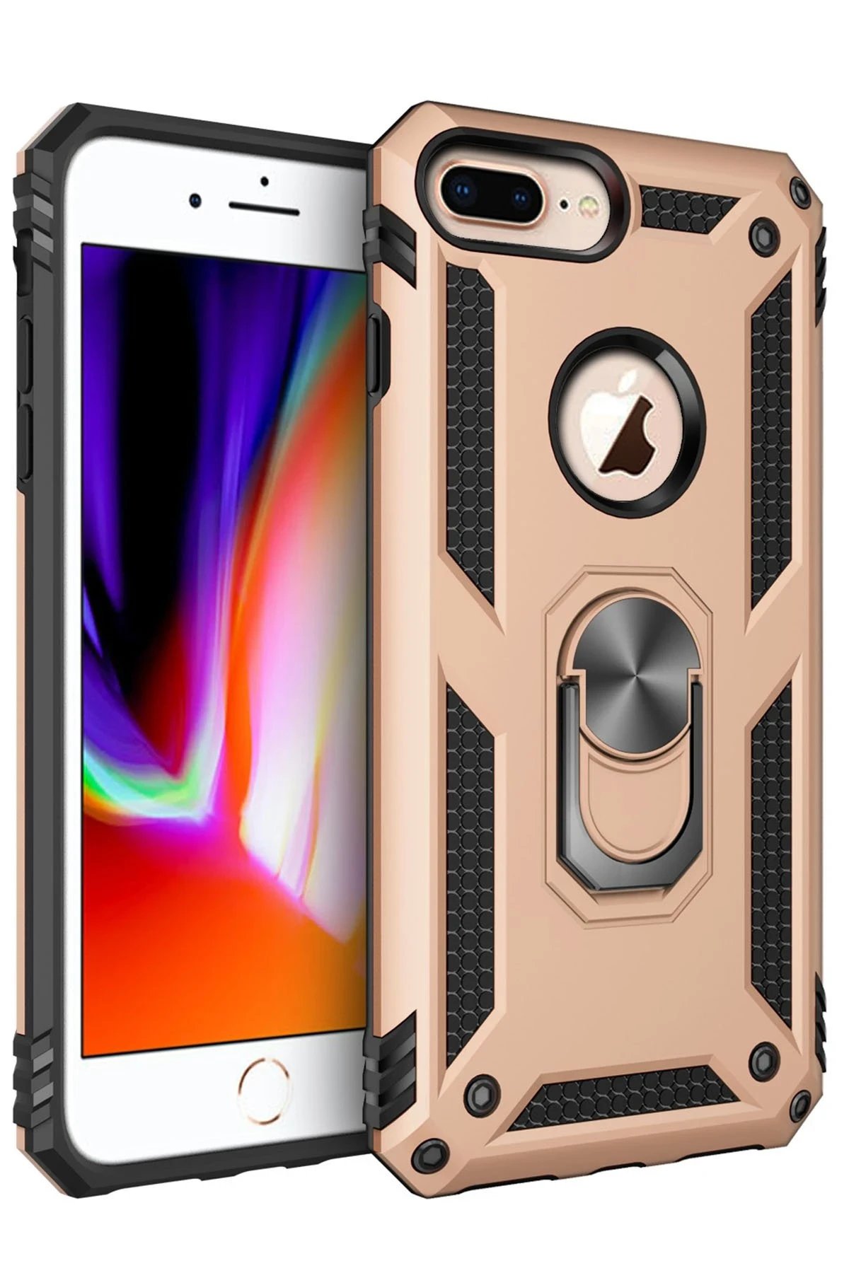 iPhone 7 Plus Kılıf Sofya Yüzüklü Silikon Kapak - Gold-(5796)