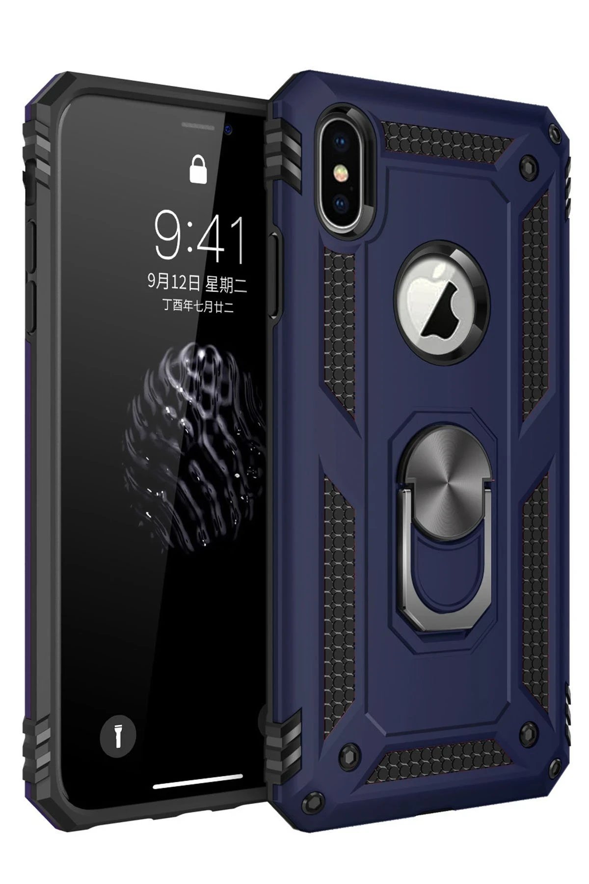 iPhone X Kılıf Sofya Yüzüklü Silikon Kapak - Lacivert-(5796)