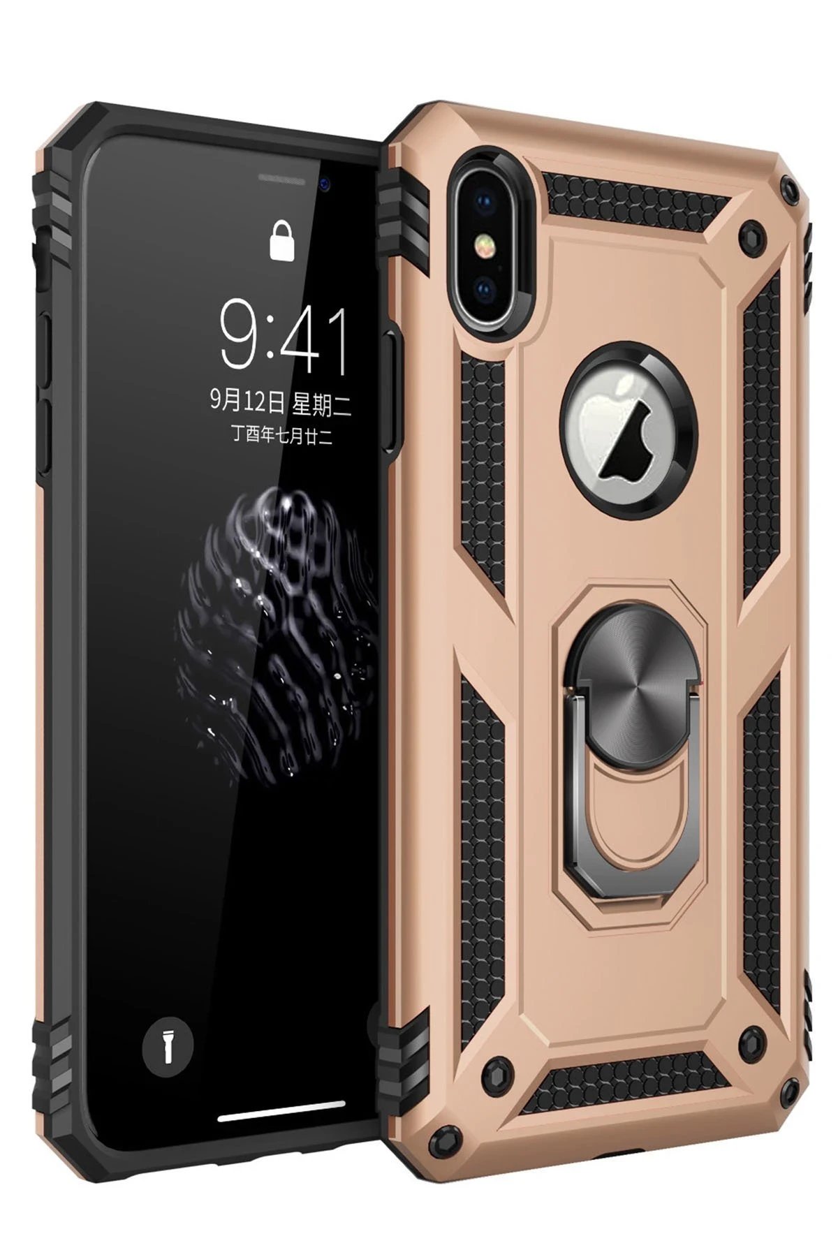 iPhone X Kılıf Sofya Yüzüklü Silikon Kapak - Gold-(5796)