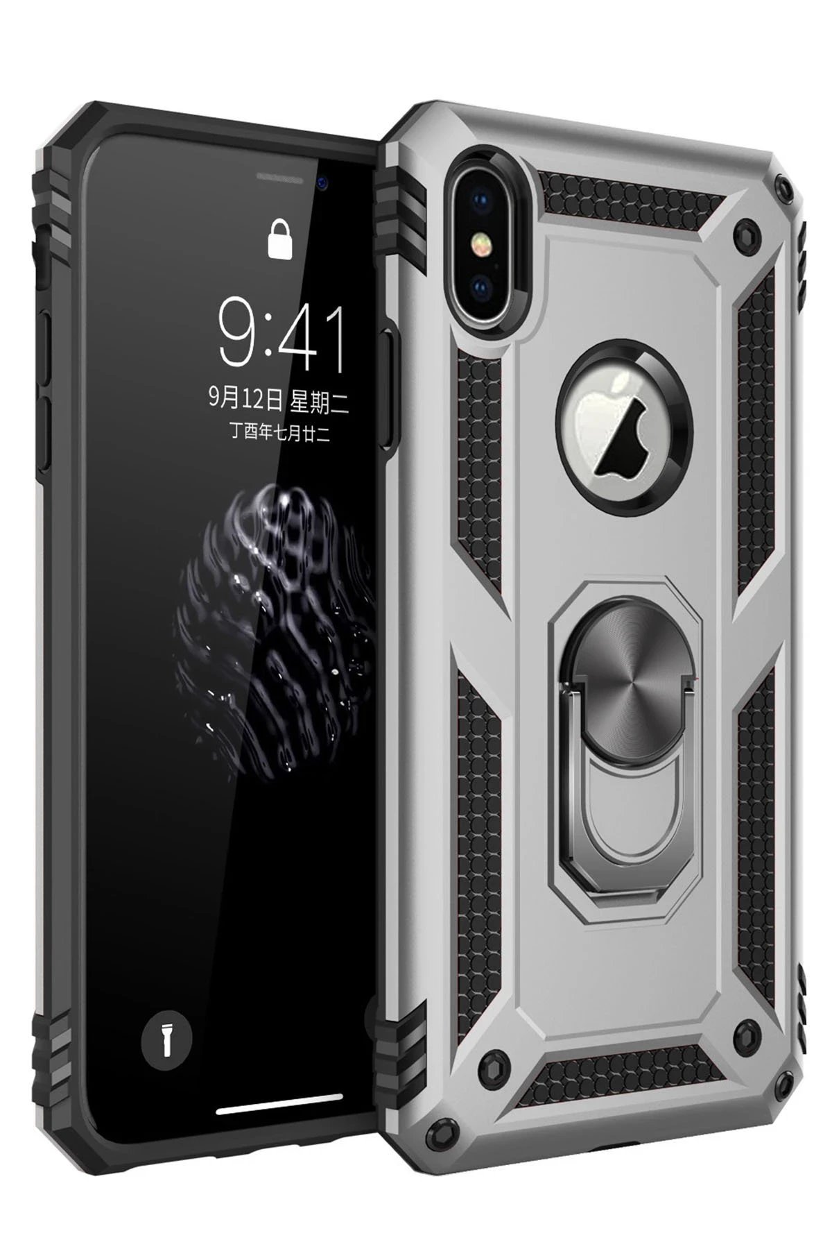 iPhone X Kılıf Sofya Yüzüklü Silikon Kapak - Gümüş-(5796)