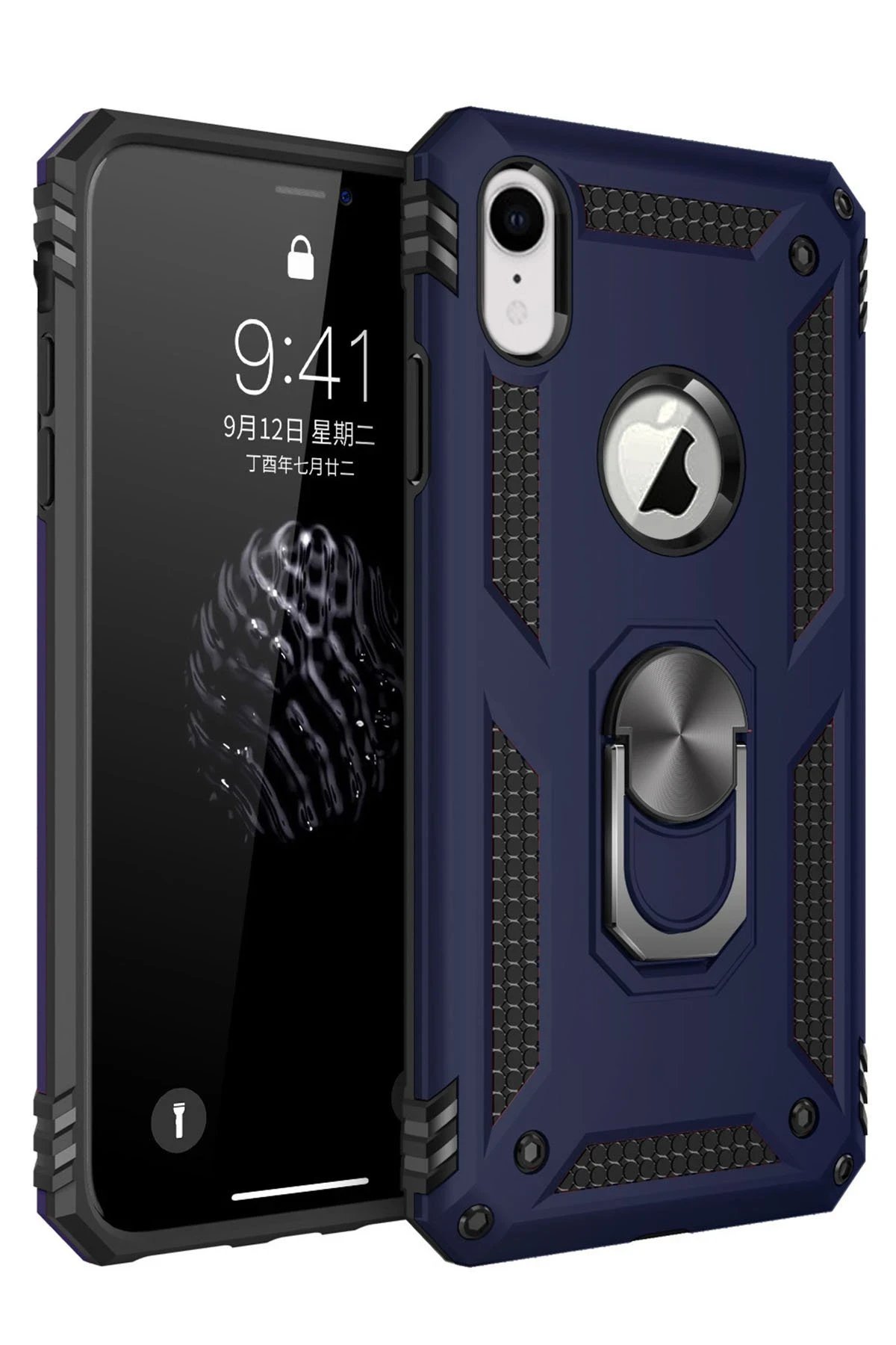 iPhone XR Kılıf Sofya Yüzüklü Silikon Kapak - Lacivert-(5796)
