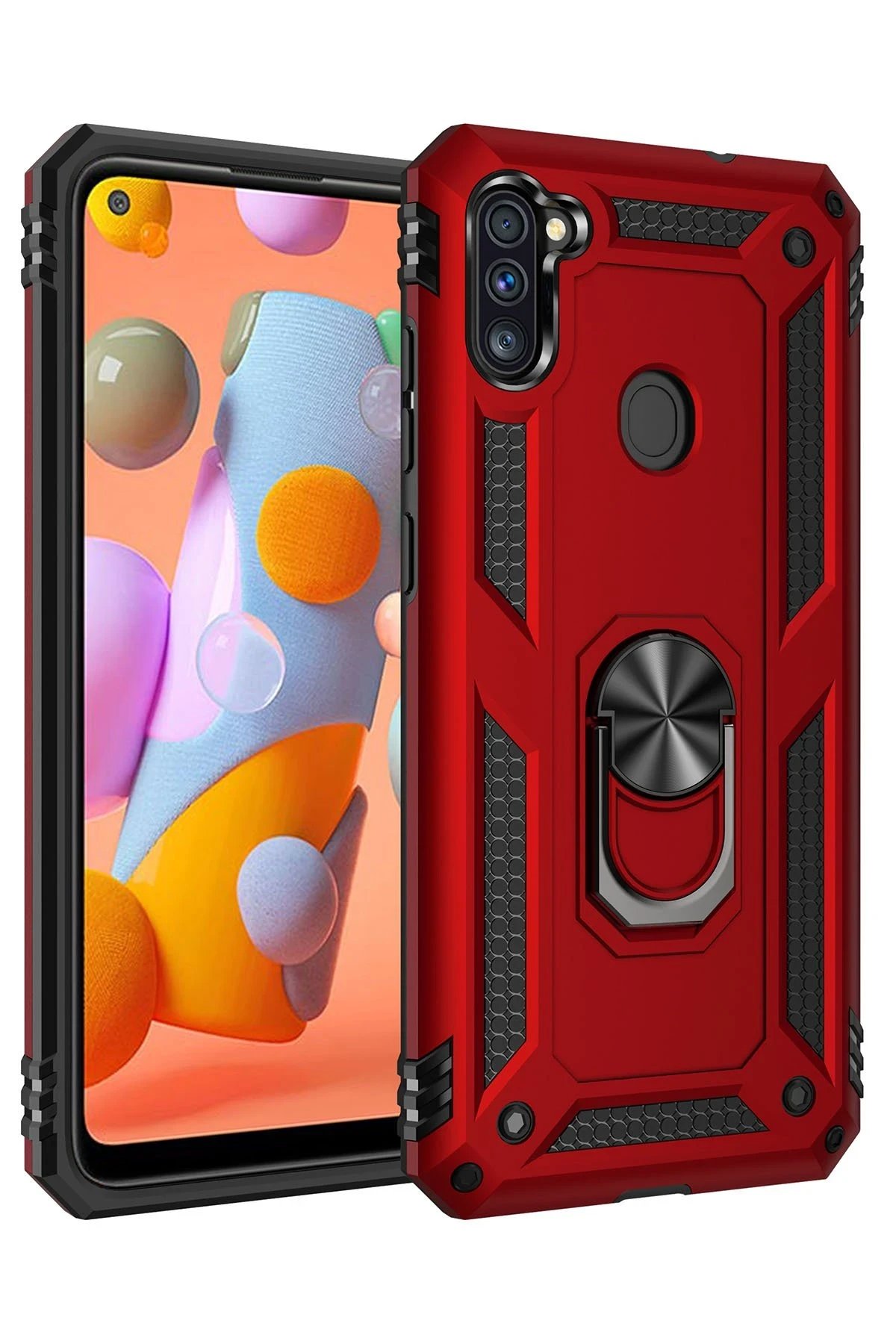Samsung Galaxy A11 Kılıf Sofya Yüzüklü Silikon Kapak - Kırmızı-(5796)