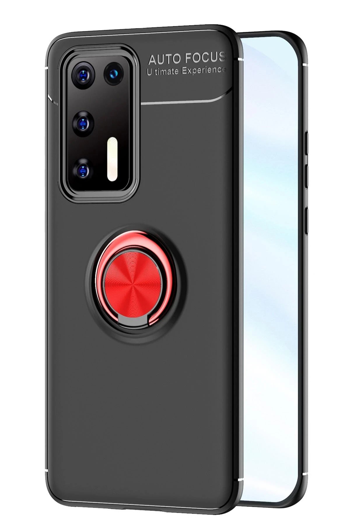 Huawei P40 Kılıf Range Yüzüklü Silikon - Siyah-Kırmızı-(5796)