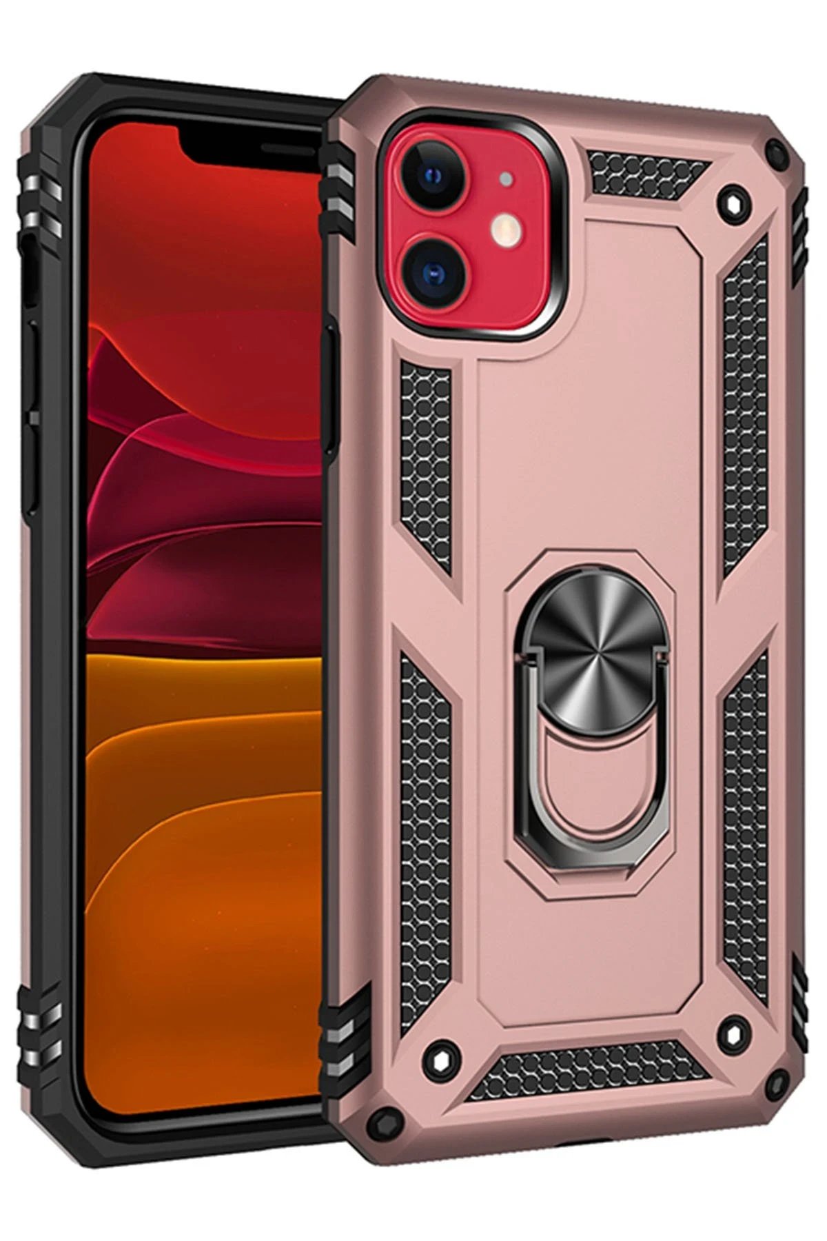 iPhone 11 Kılıf Sofya Yüzüklü Silikon Kapak - Rose-(5796)