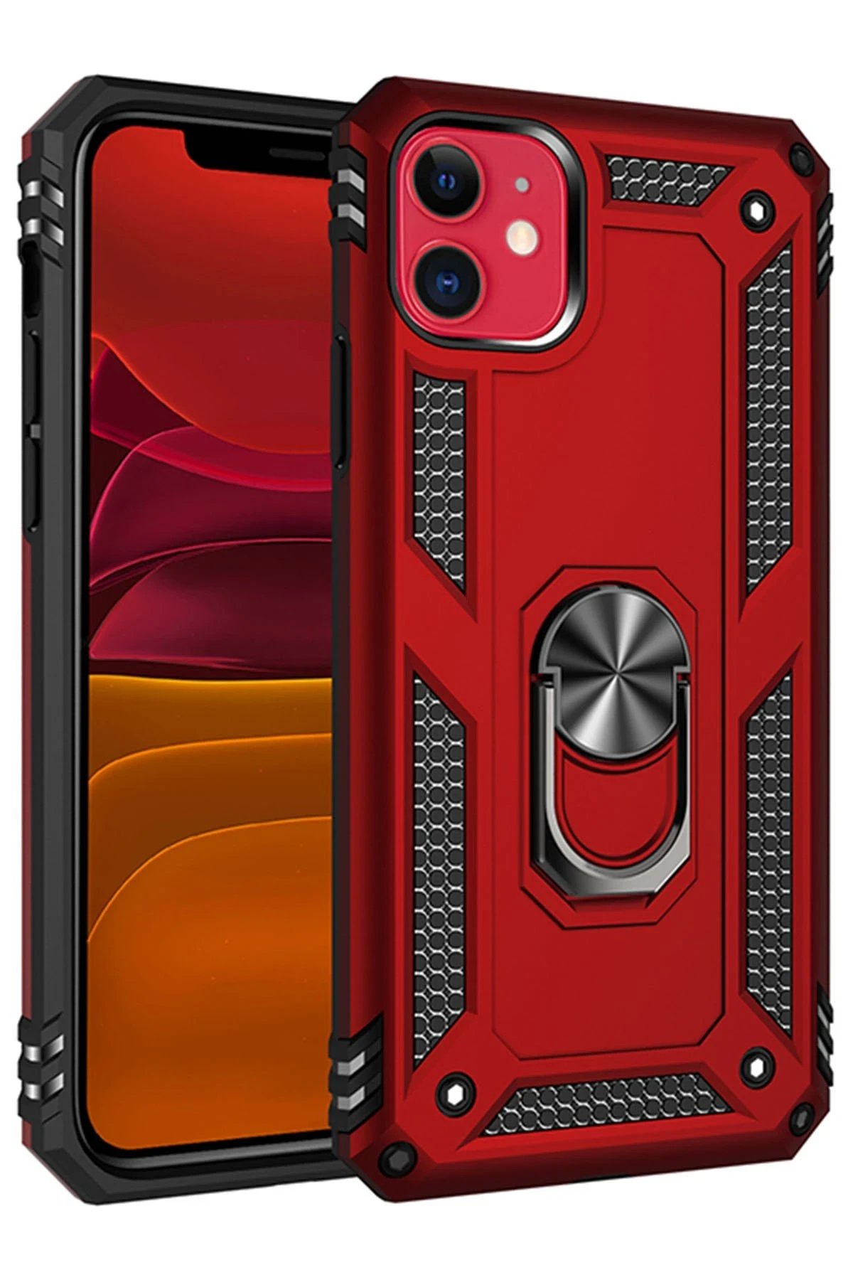 iPhone 11 Kılıf Sofya Yüzüklü Silikon Kapak - Kırmızı-(5796)