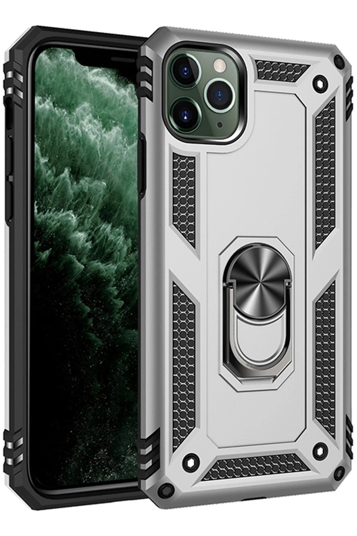 iPhone 11 Pro Max Kılıf Sofya Yüzüklü Silikon Kapak - Gümüş-(5796)