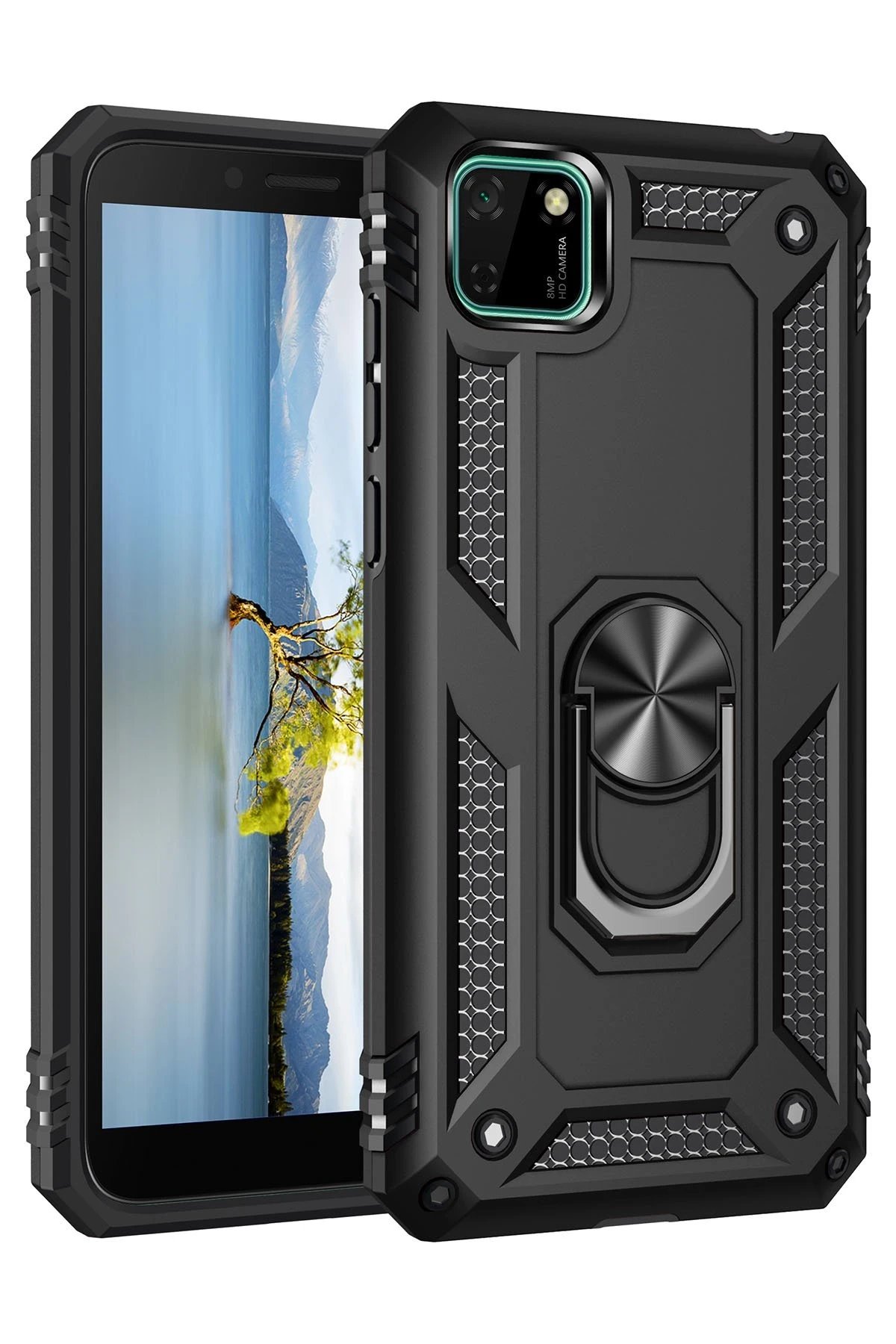 Huawei Y5P Kılıf Sofya Yüzüklü Silikon Kapak - Siyah-(5796)