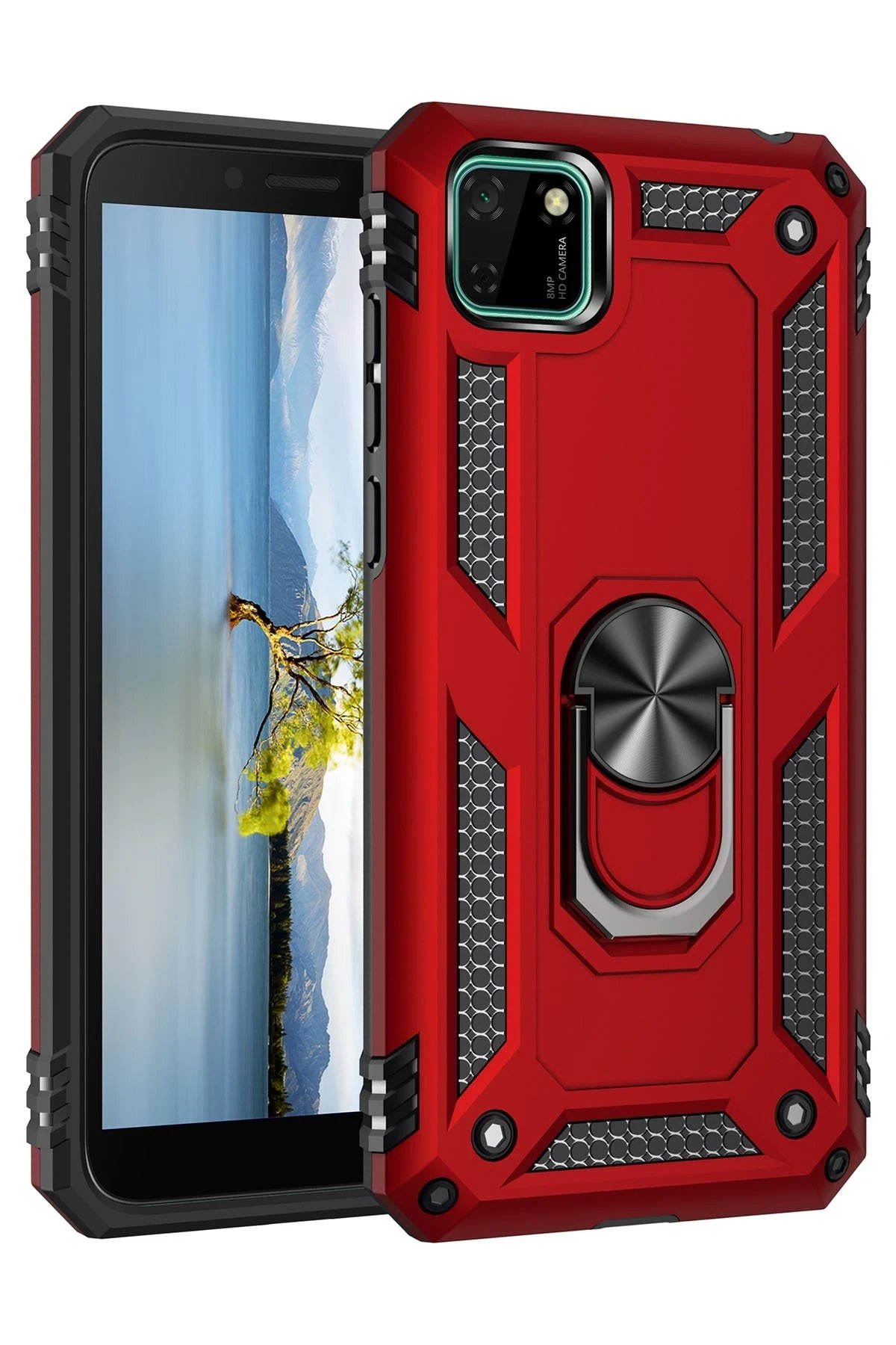 Huawei Y5P Kılıf Sofya Yüzüklü Silikon Kapak - Kırmızı-(5796)