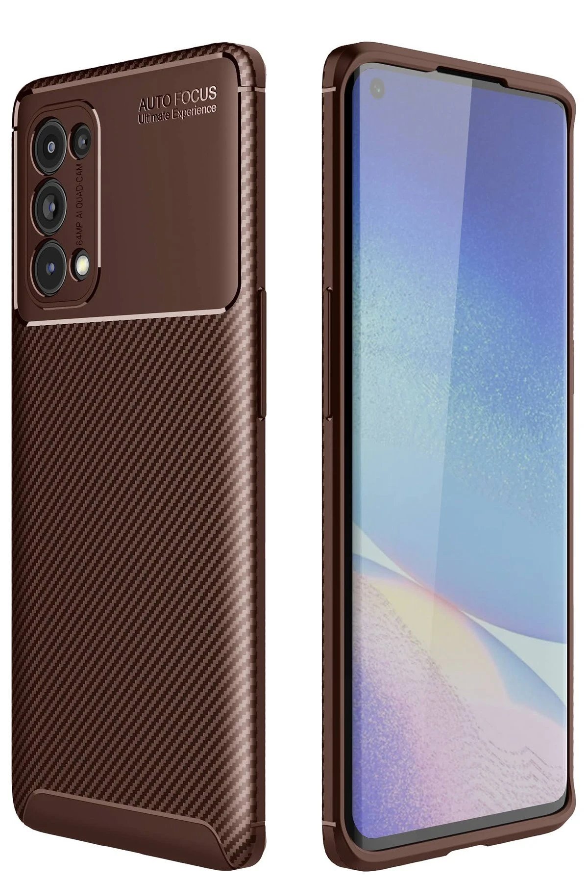 Oppo Reno 5 Pro Kılıf Auto Focus Karbon Kapak - Kahverengi-(5796)