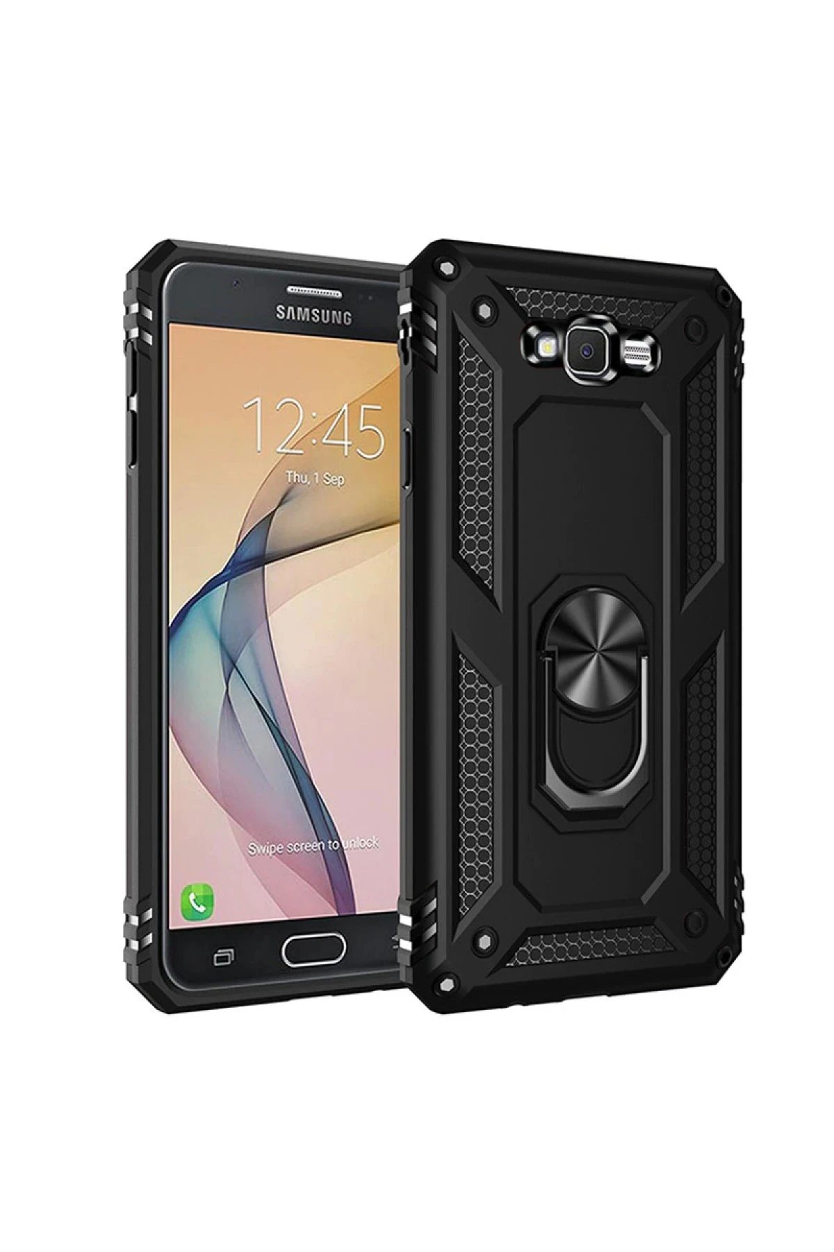Samsung Galaxy J7 Kılıf Sofya Yüzüklü Silikon Kapak - Siyah-(5796)