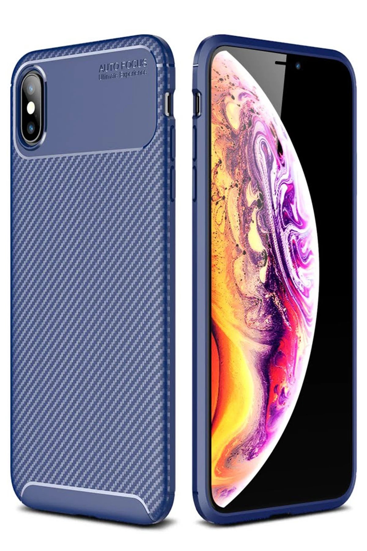 iPhone XS Max Kılıf Auto Focus Karbon Kapak - Lacivert-(5796)