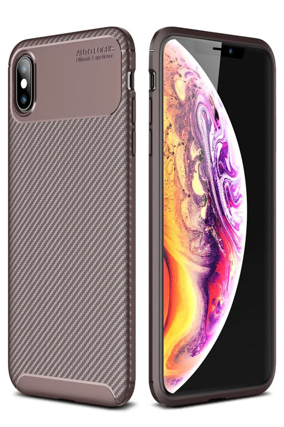 iPhone XS Max Kılıf Auto Focus Karbon Kapak - Kahverengi-(5796)