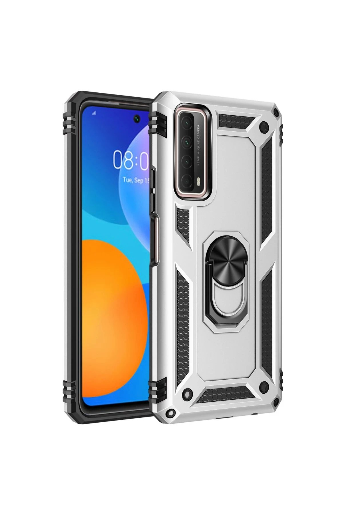 Huawei P Smart 2021 Kılıf Sofya Yüzüklü Silikon Kapak - Gümüş-(5796)