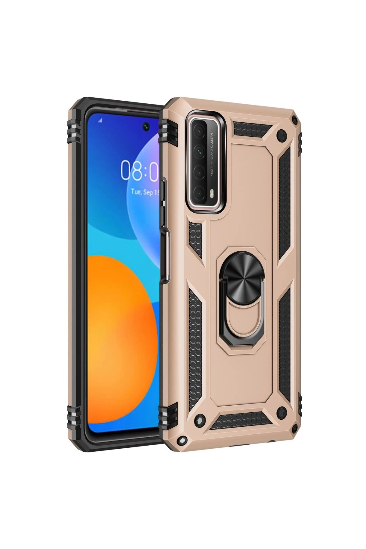Huawei P Smart 2021 Kılıf Sofya Yüzüklü Silikon Kapak - Gold-(5796)