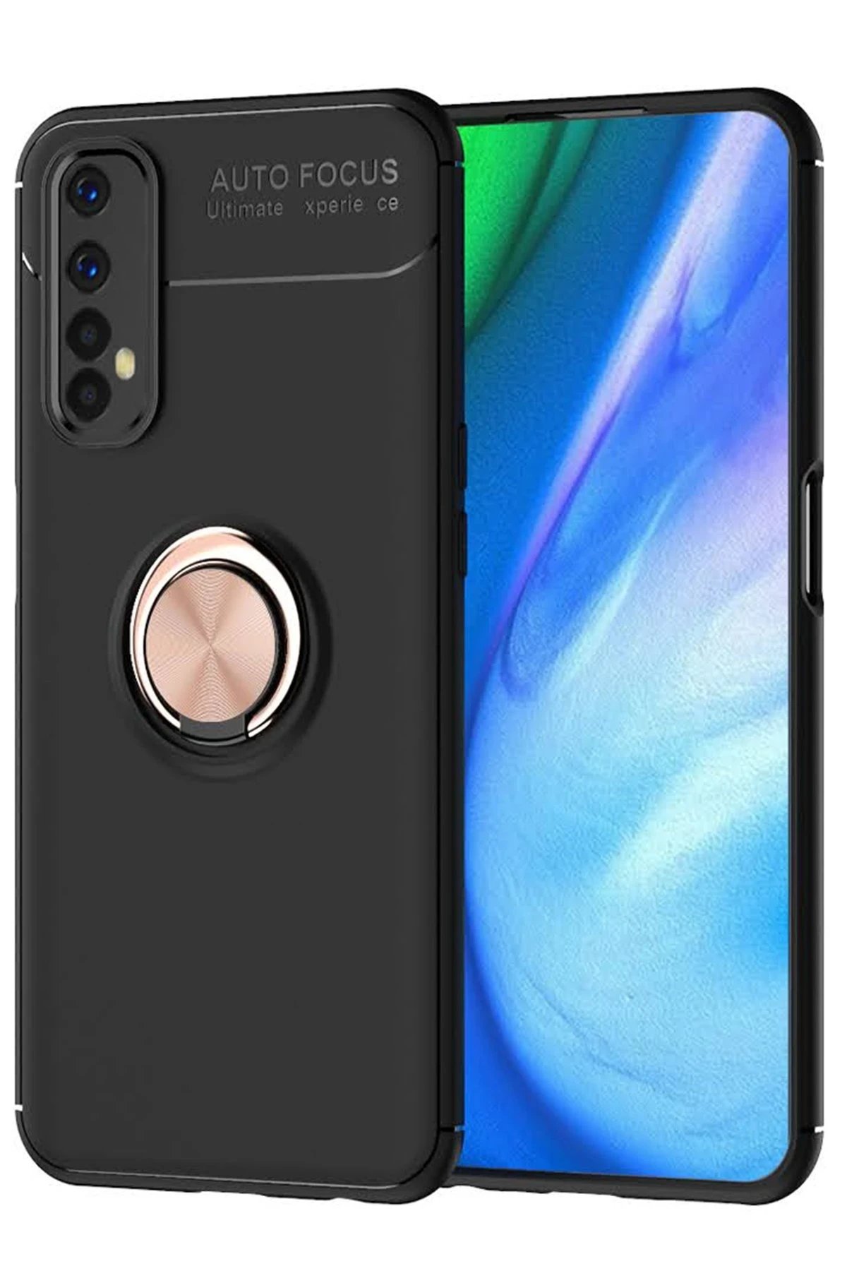 Realme 7 Kılıf Range Yüzüklü Silikon - Siyah-Gold-(5796)