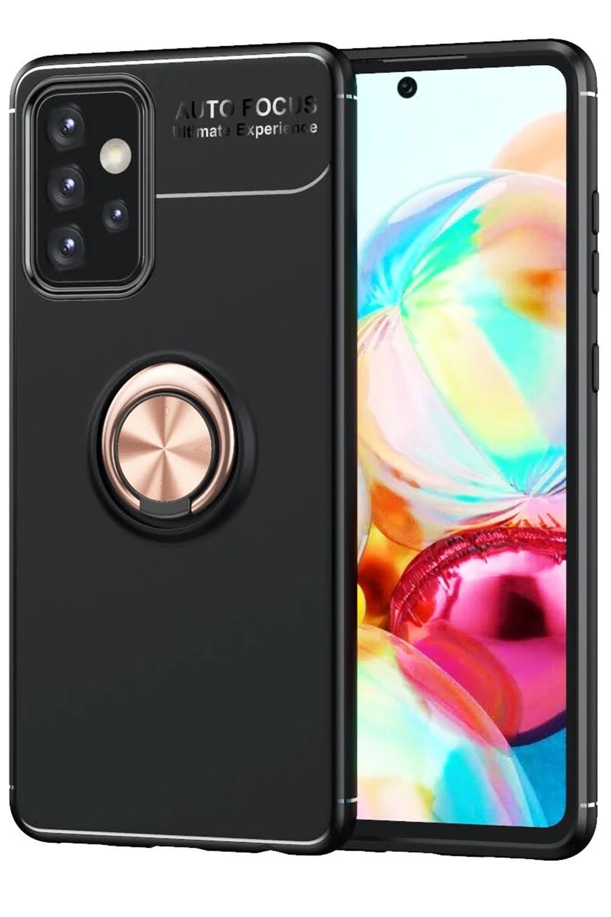 Samsung Galaxy A72 Kılıf Range Yüzüklü Silikon - Siyah-Gold-(5796)