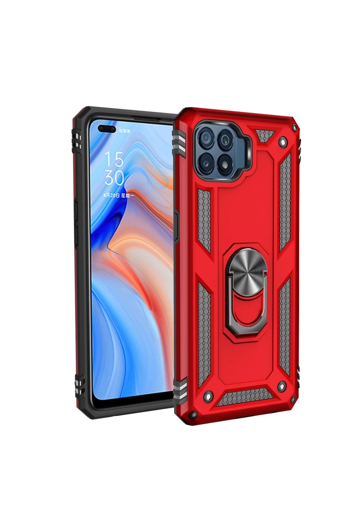 Oppo Reno 4 Lite Kılıf Sofya Yüzüklü Silikon Kapak - Kırmızı-(5796)