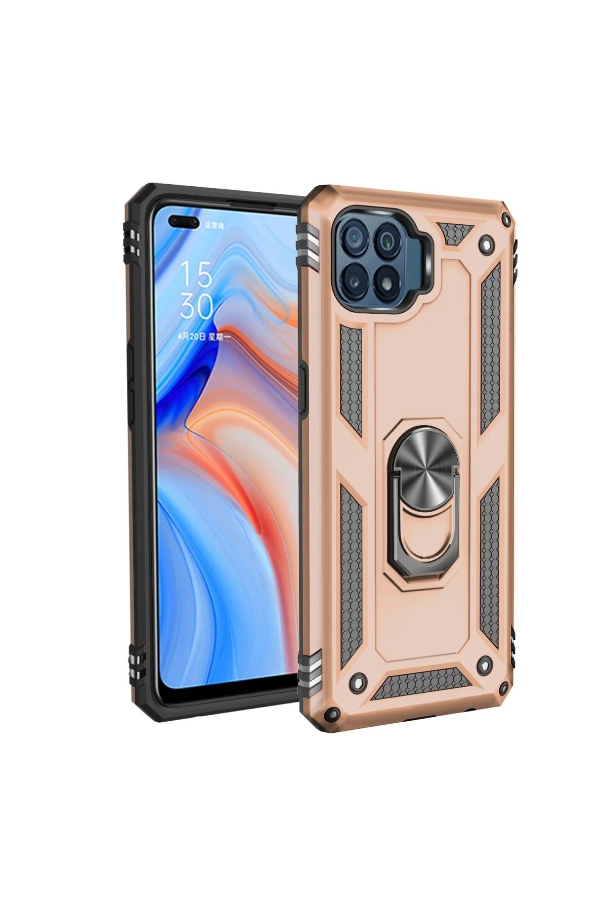 Oppo Reno 4 Lite Kılıf Sofya Yüzüklü Silikon Kapak - Gold-(5796)