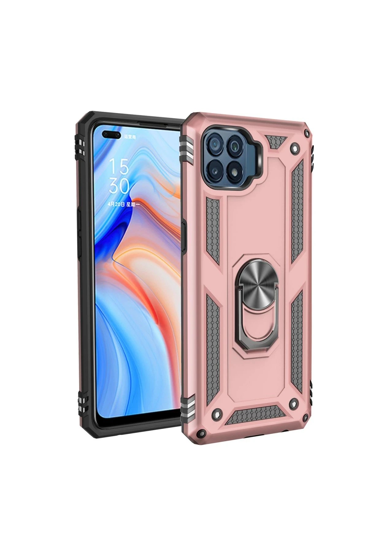 Oppo Reno 4 Lite Kılıf Sofya Yüzüklü Silikon Kapak - Rose-(5796)