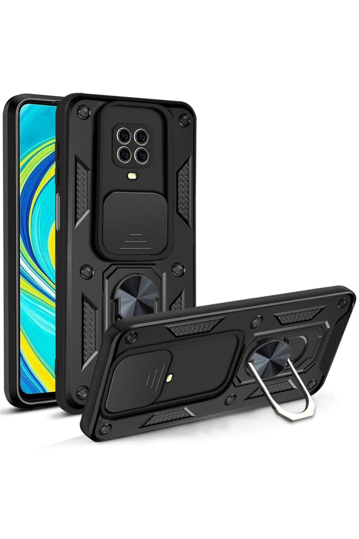Xiaomi Redmi Note 9 Pro Kılıf Pars Lens Yüzüklü Silikon - Siyah-(5796)