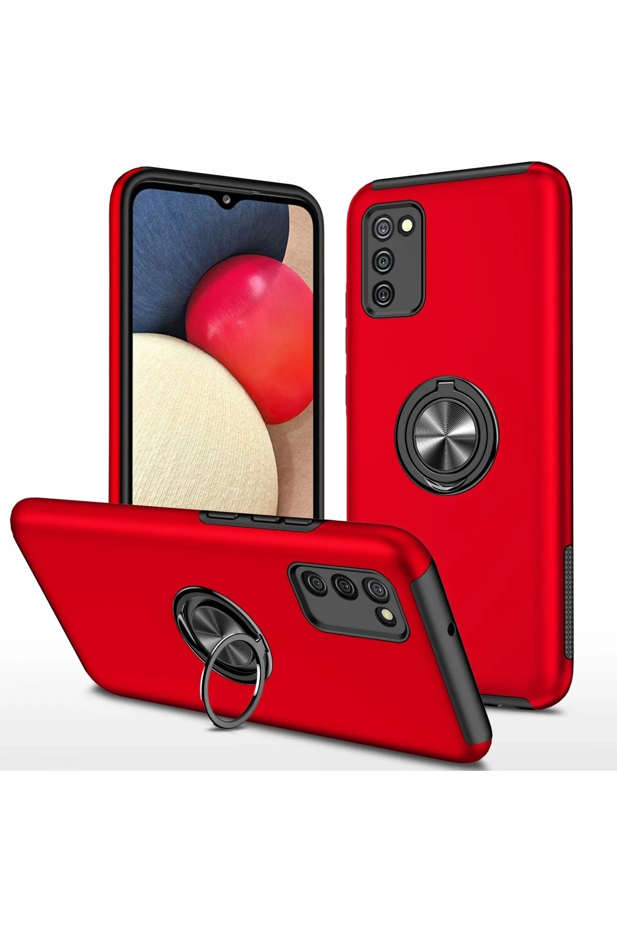 Samsung Galaxy A02S Kılıf Elit Yüzüklü Kapak - Kırmızı-(5796)