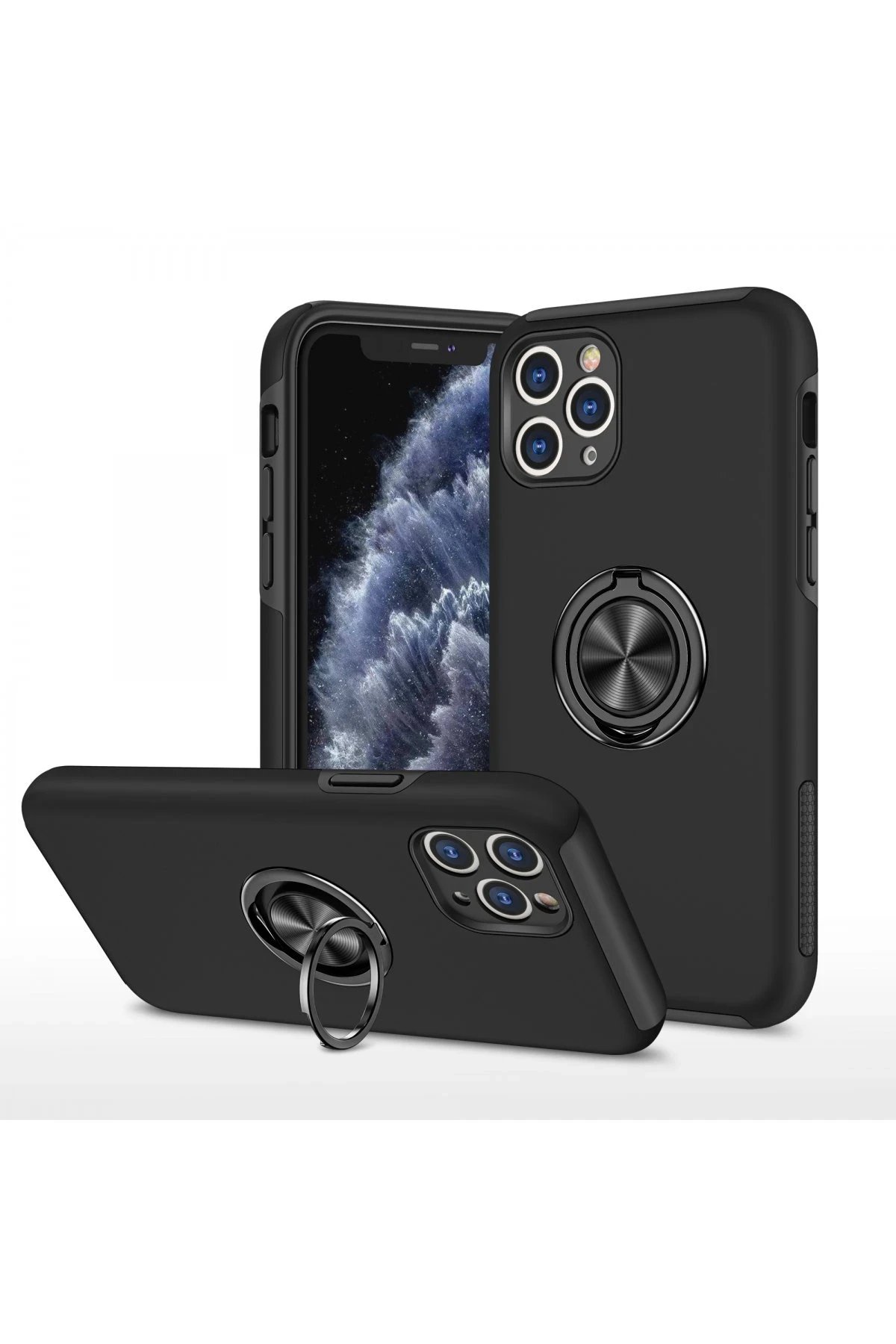 iPhone 11 Pro Max Kılıf Elit Yüzüklü Kapak - Siyah-(5796)