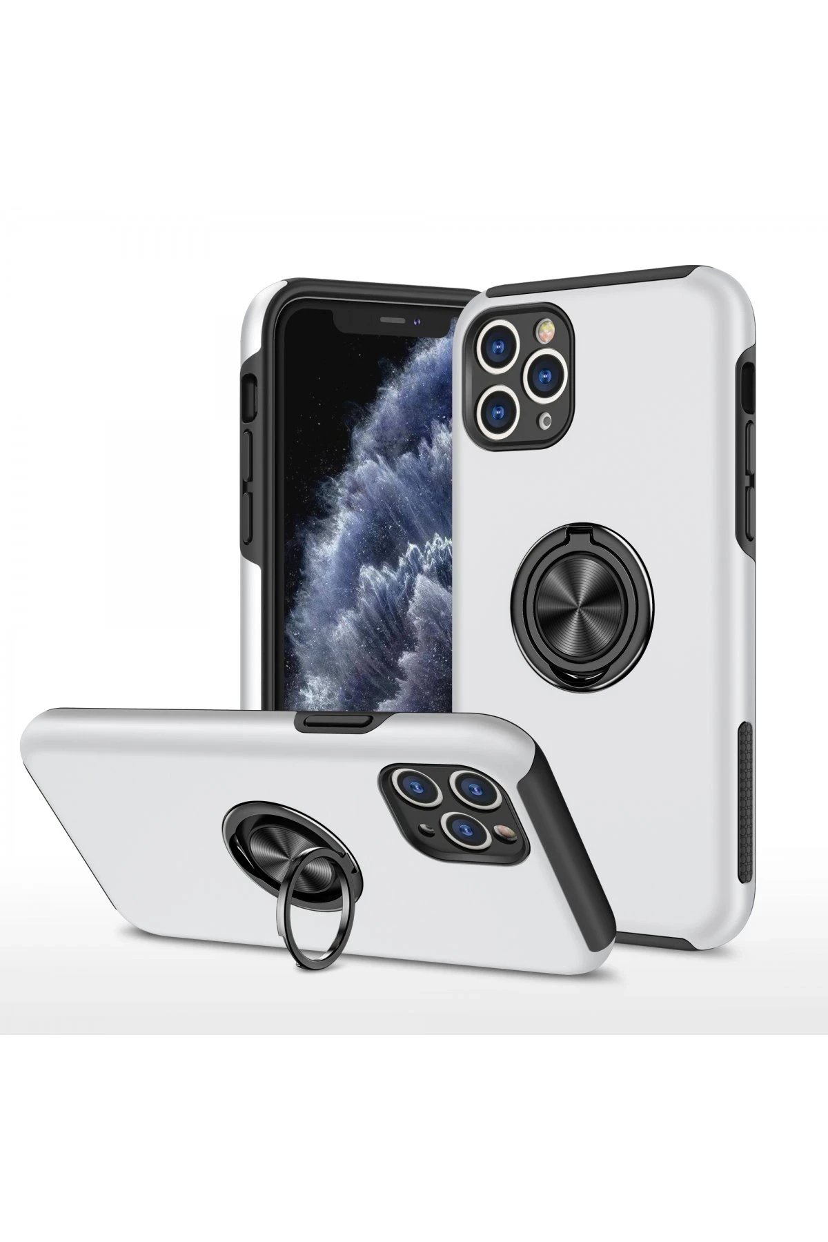 iPhone 11 Pro Max Kılıf Elit Yüzüklü Kapak - Gümüş-(5796)
