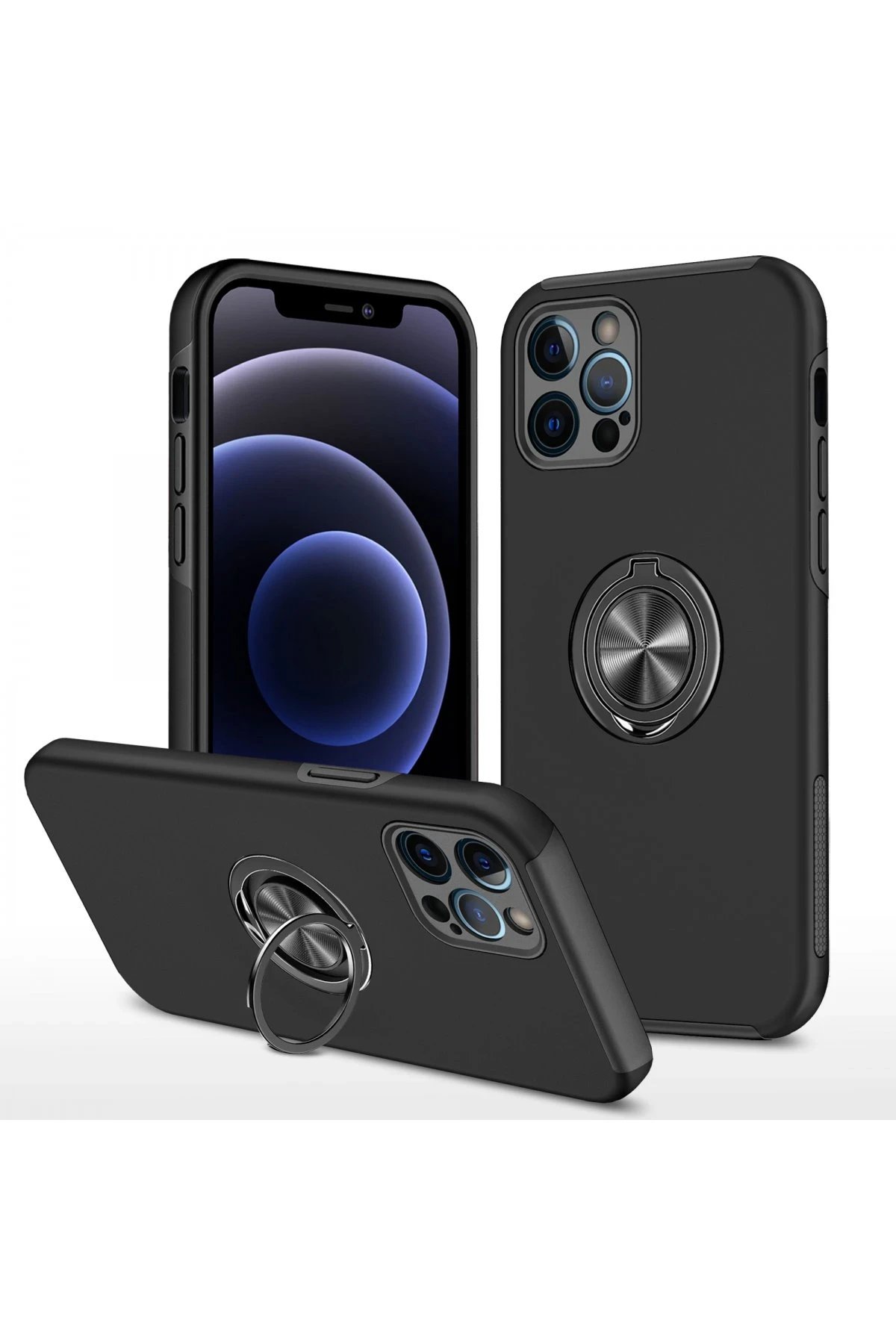 iPhone 12 Pro Max Kılıf Elit Yüzüklü Kapak - Siyah-(5796)