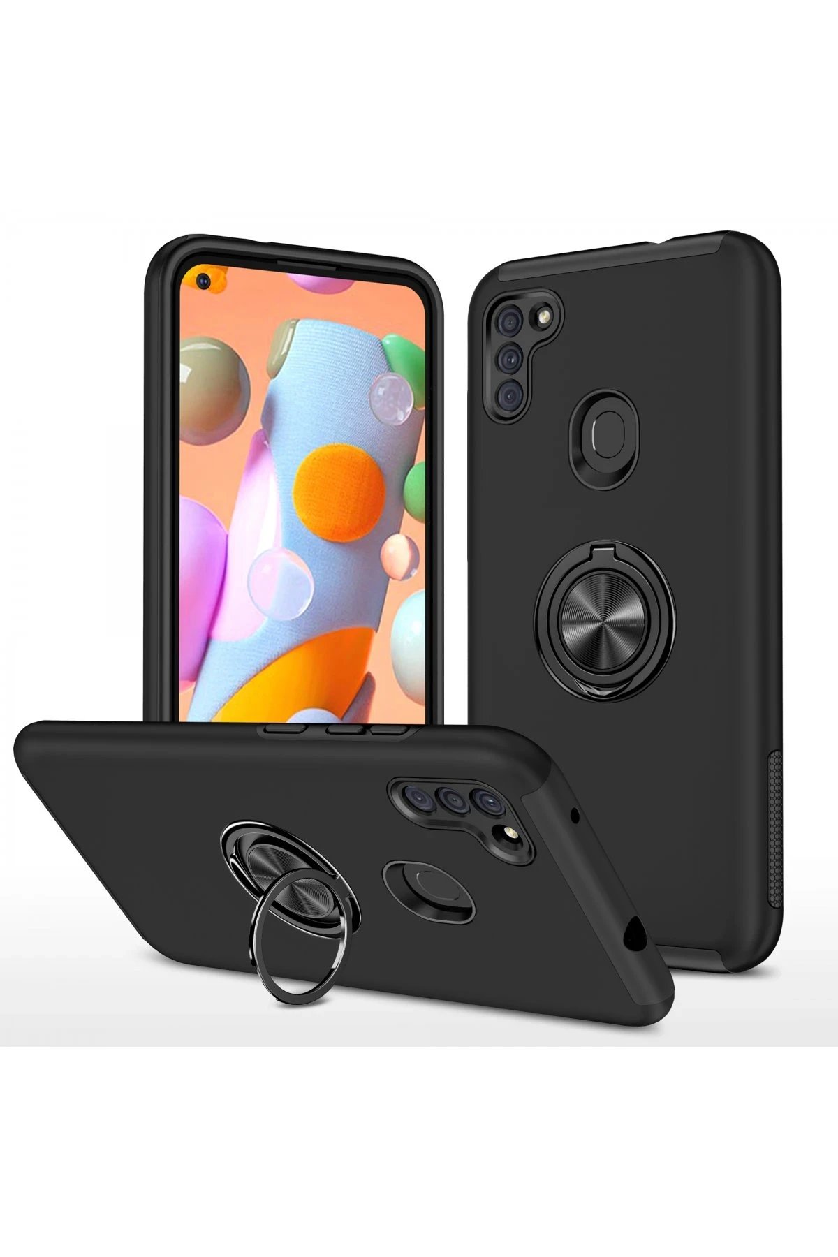Samsung Galaxy A11 Kılıf Elit Yüzüklü Kapak - Siyah-(5796)