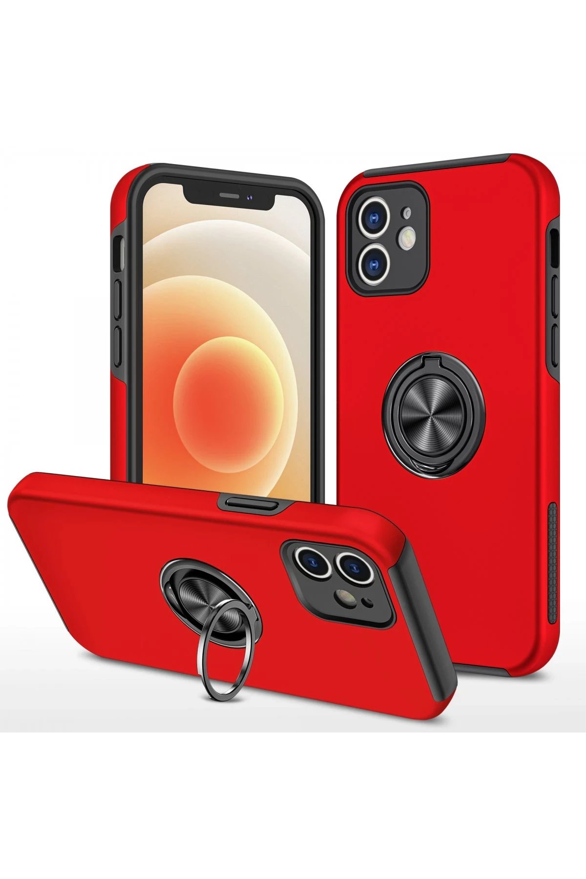 iPhone 12 Kılıf Elit Yüzüklü Kapak - Kırmızı-(5796)